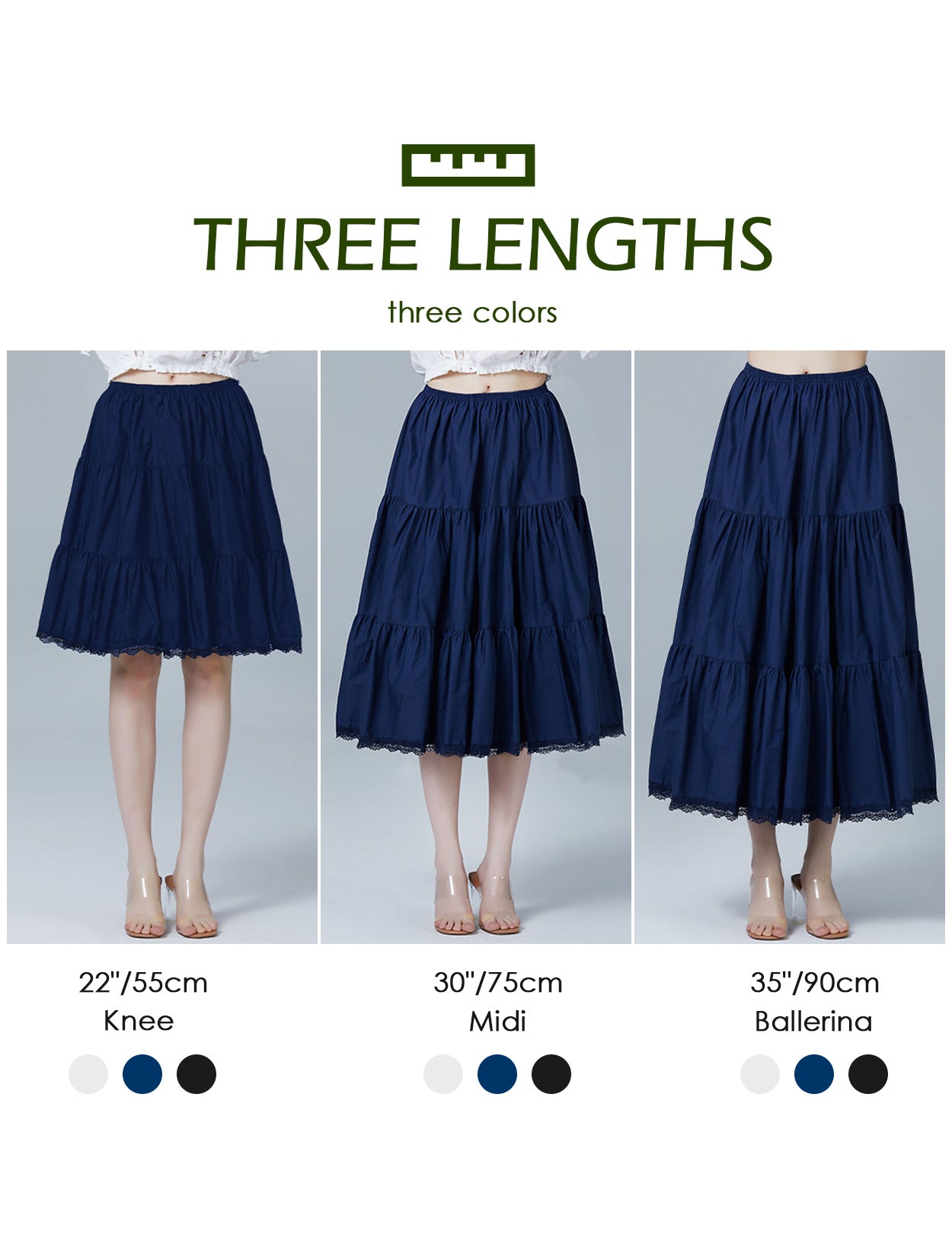 Jupe trapèze médiévale en coton pour femme, bleu marine et noir