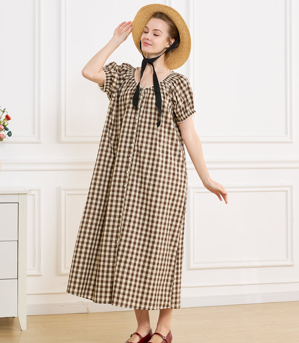 Women's Gingham Cotton Puff Sleeve Midi House Dress with Pockets