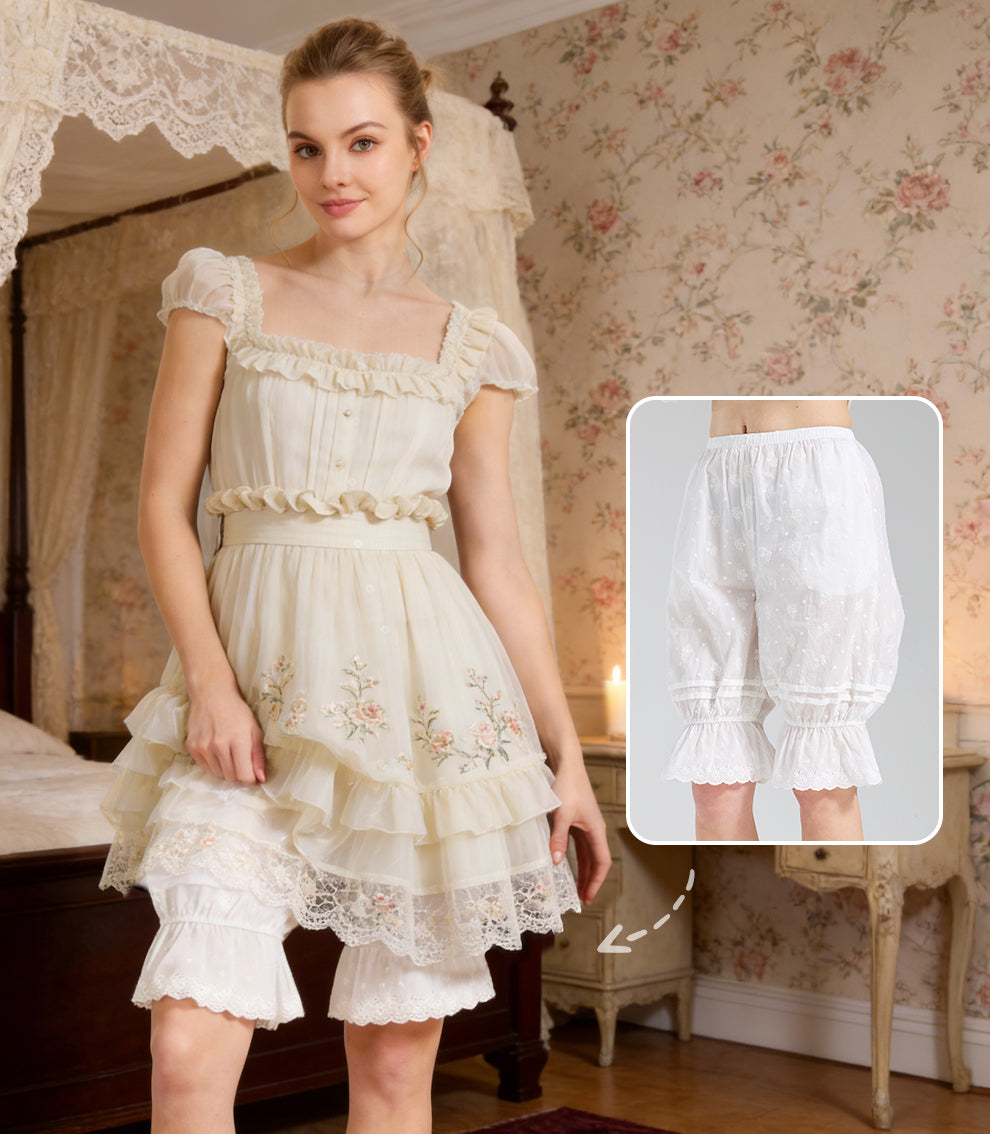 Bestickte Vintage Rüschen-Unterrock-Hose, 100 % Baumwolle mit Taschen