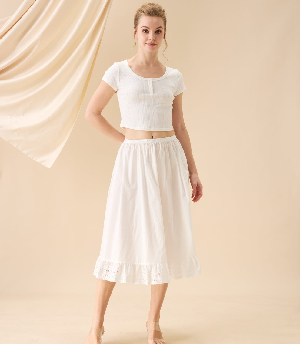 Full-body front view of the standalone white half slip. Enjoy comfort with this 100 percent cotton half slip
