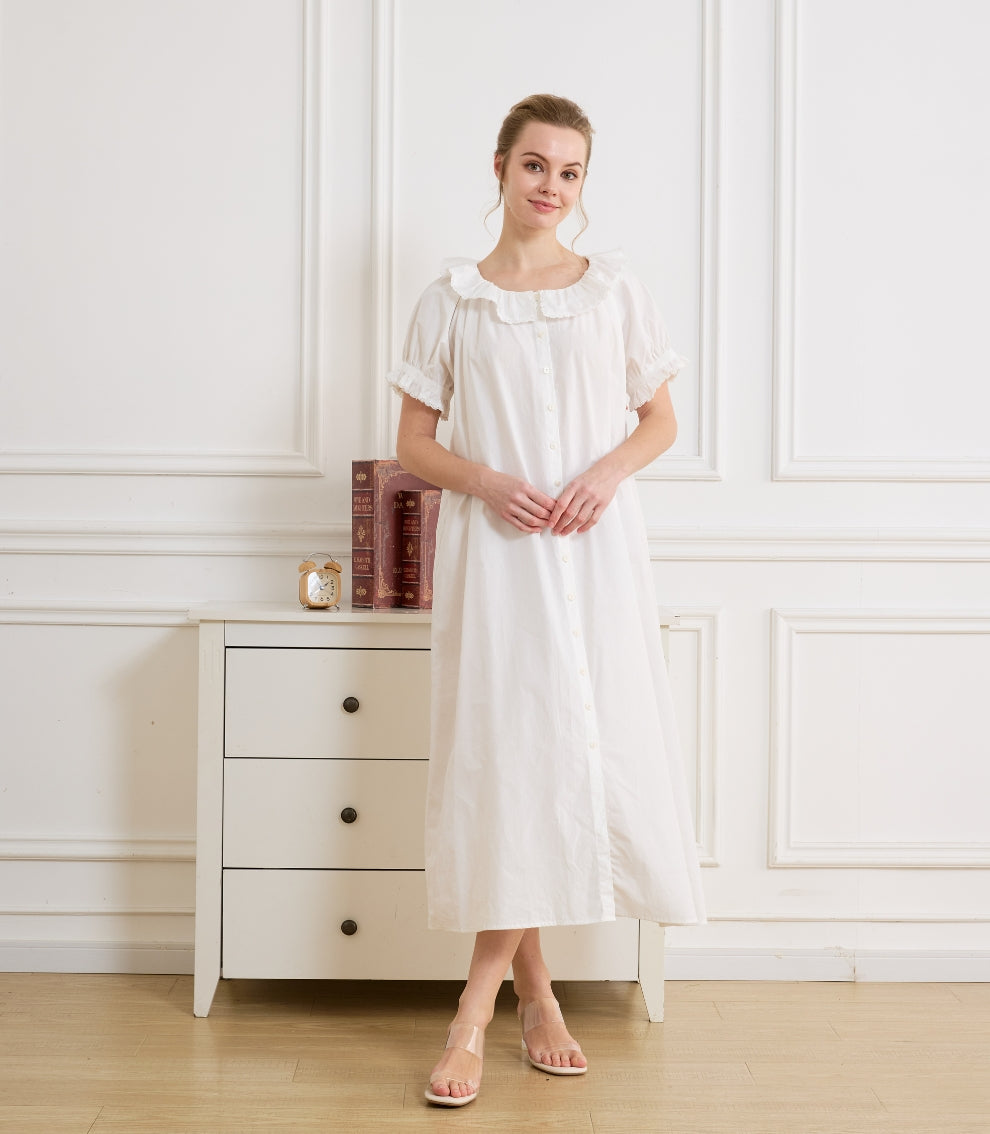 Beautelicate white house dress for ladies, featuring a ruffled collar and button-down front for comfortable home wear.