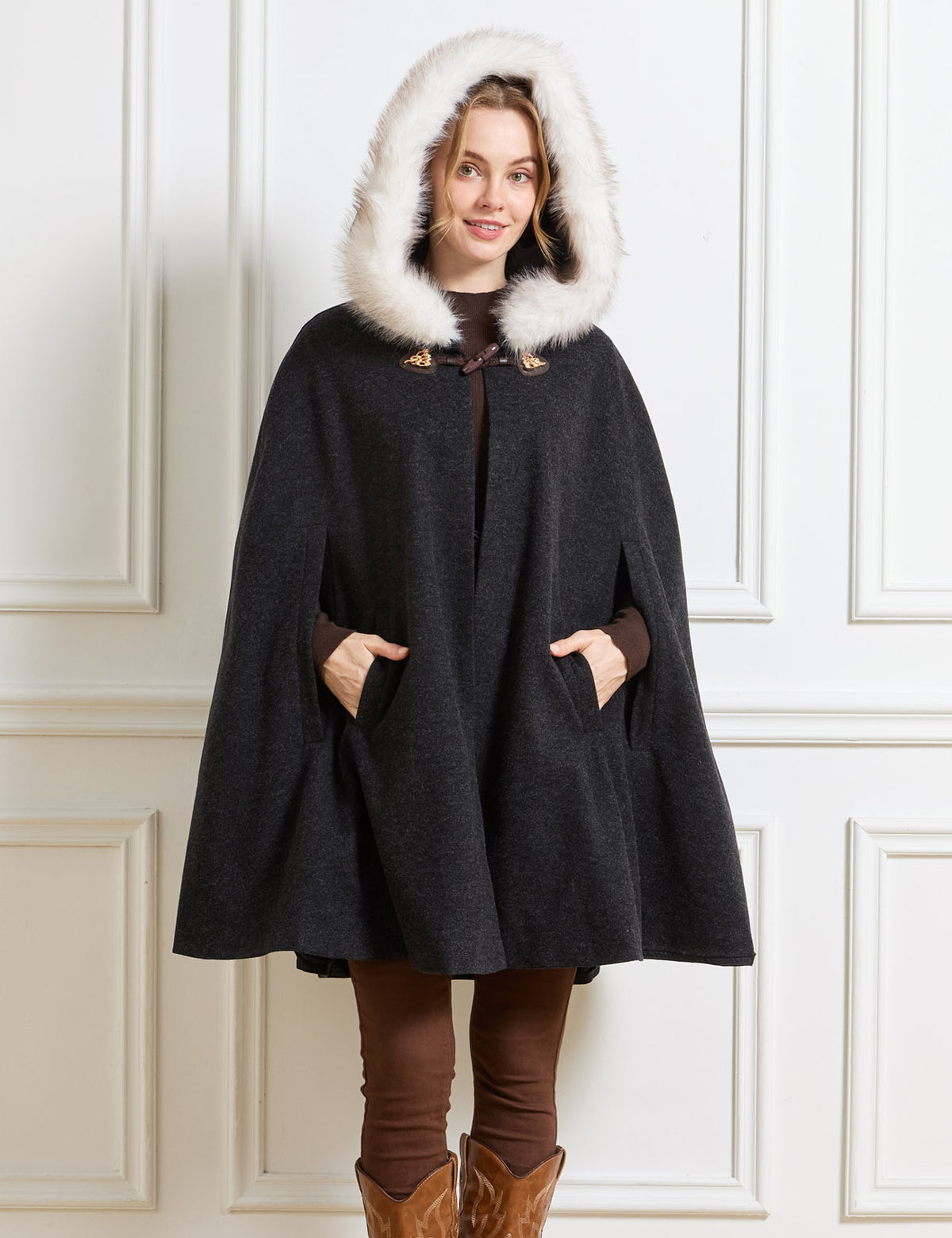 Beautelicate black wool cloak, highlighting practical slash pockets and a cozy faux fur hood trim, offering comfortable warmth and effortless style for your vintage-inspired daily outfit.