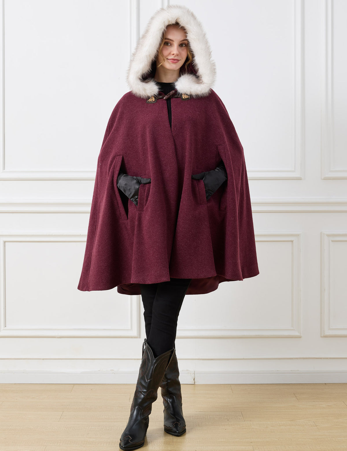 Beautelicate burgundy wool cloak, highlighting practical slash pockets and a cozy faux fur hood, offering comfortable warmth and unrestrictive movement for your vintage-inspired daily outfit.