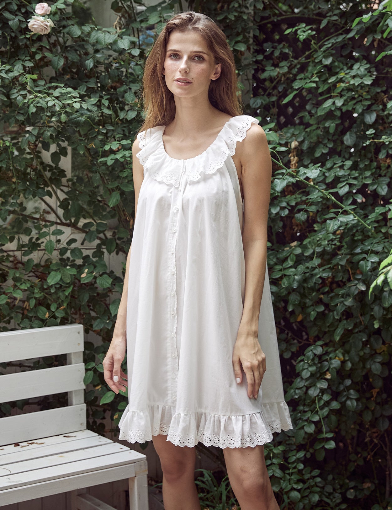 Model wearing Victorian cotton ruffle nightgown showing comfortable fit and romantic vintage-inspired styling