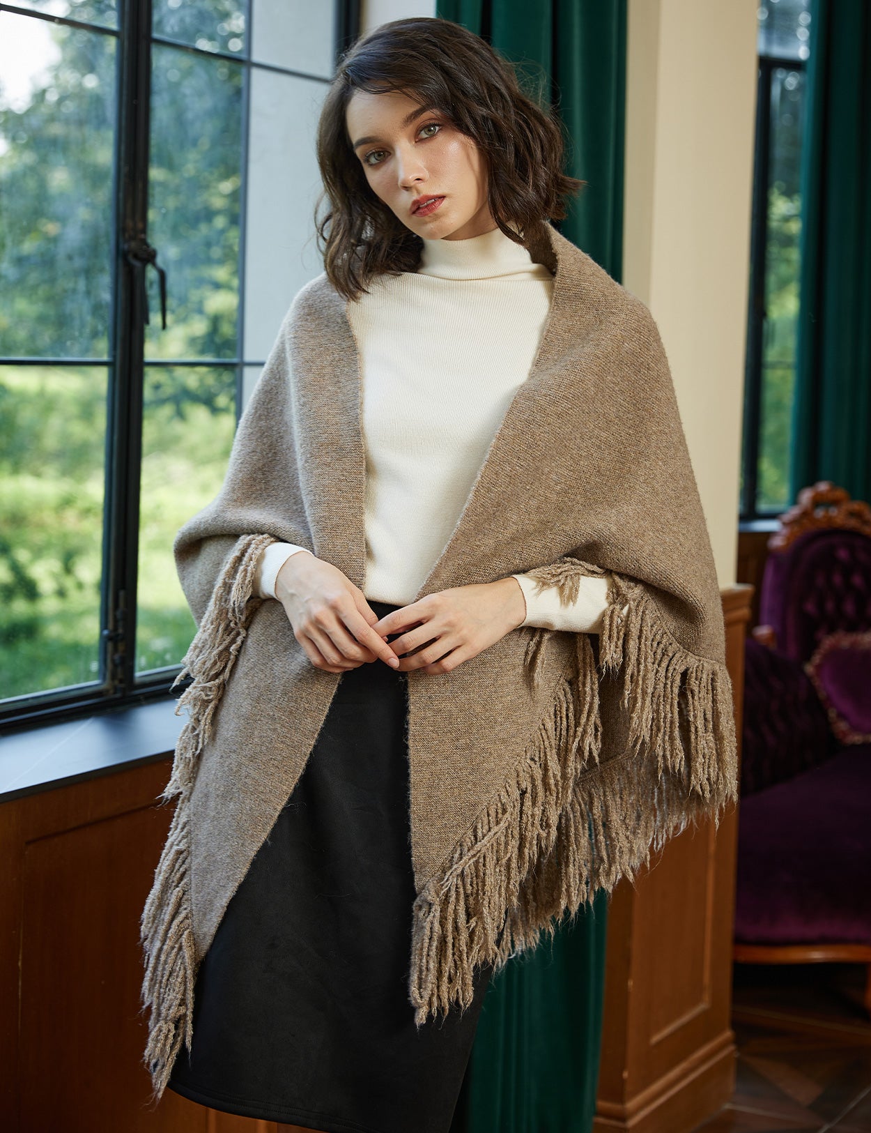 Wool blend knitted shawl with fringe detail - cozy blanket wrap for women