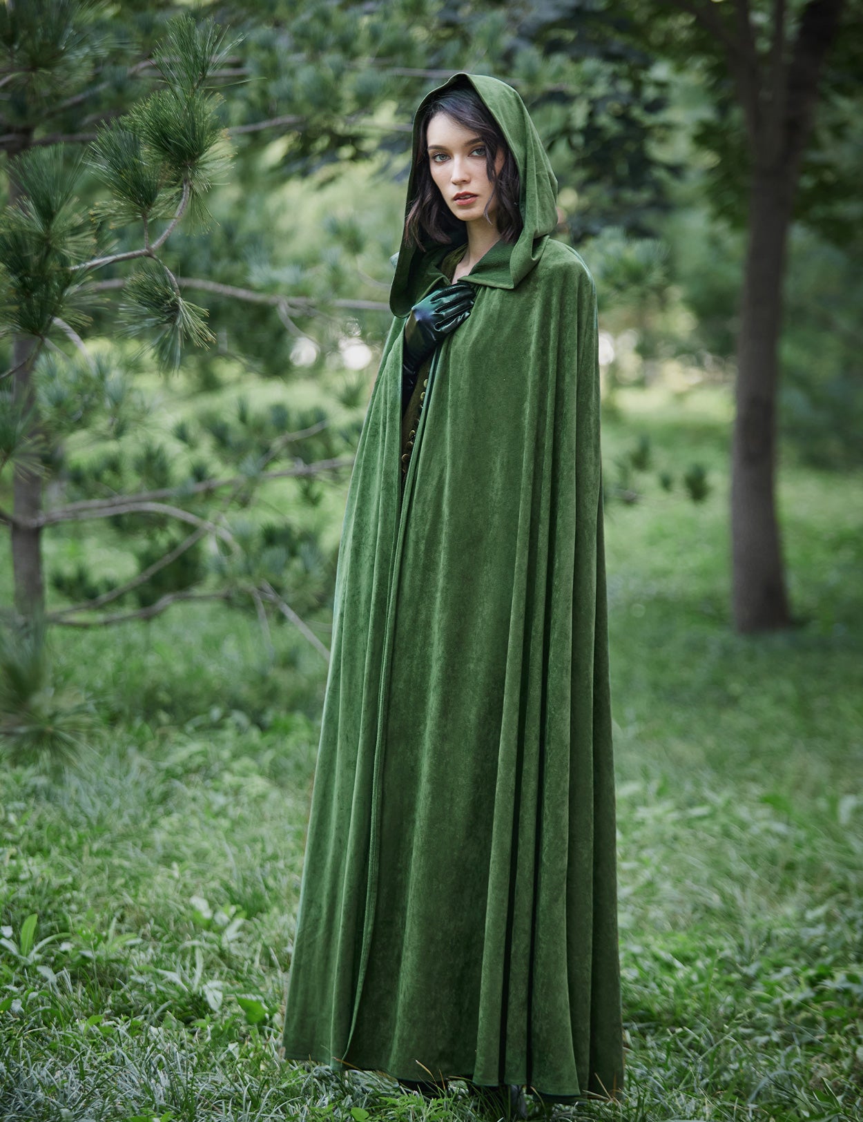Medieval hooded cloak in moss green