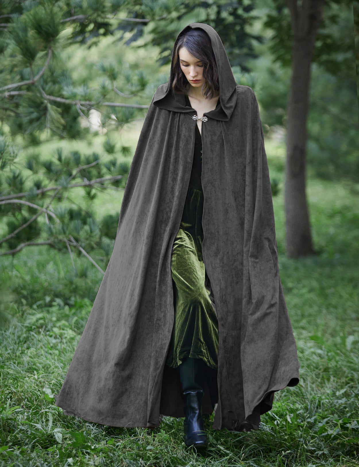 Medieval hooded cloak in dark grey