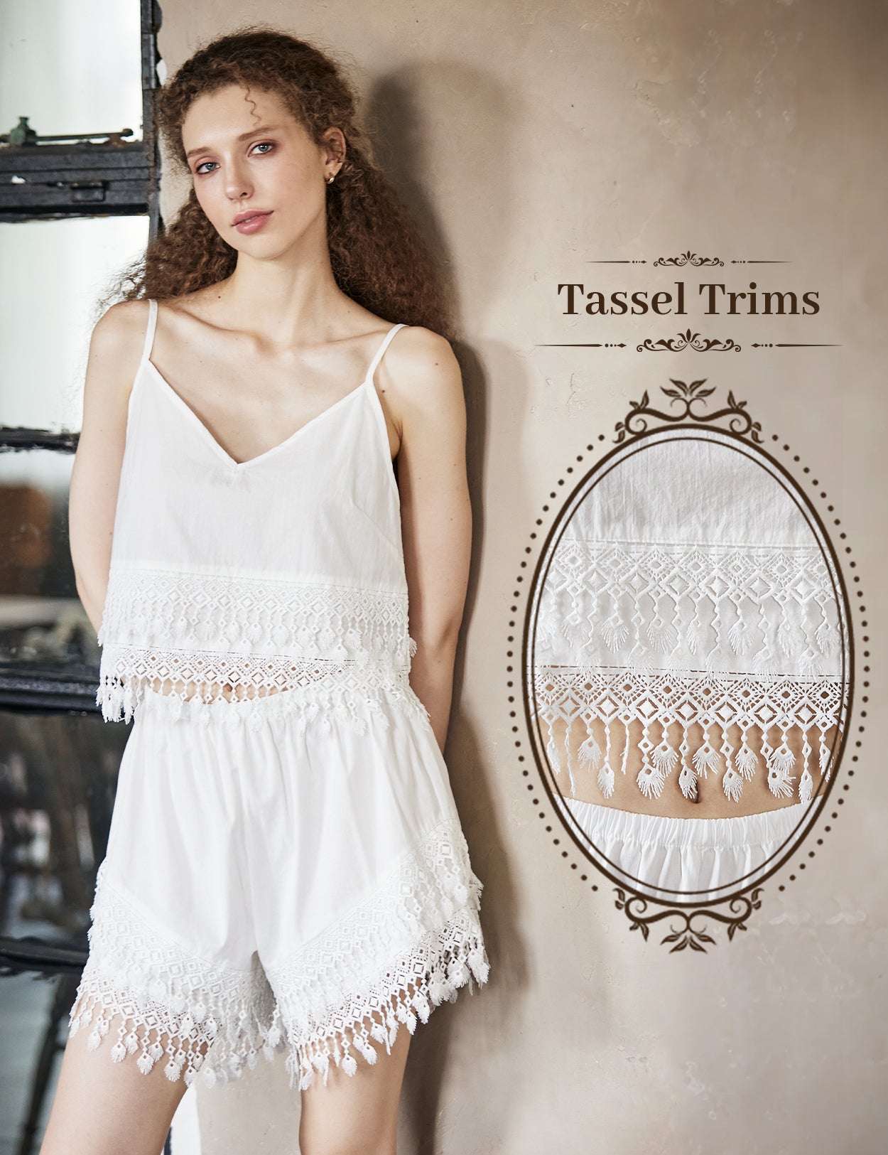 Women's boho crochet lace crop top in white with adjustable straps