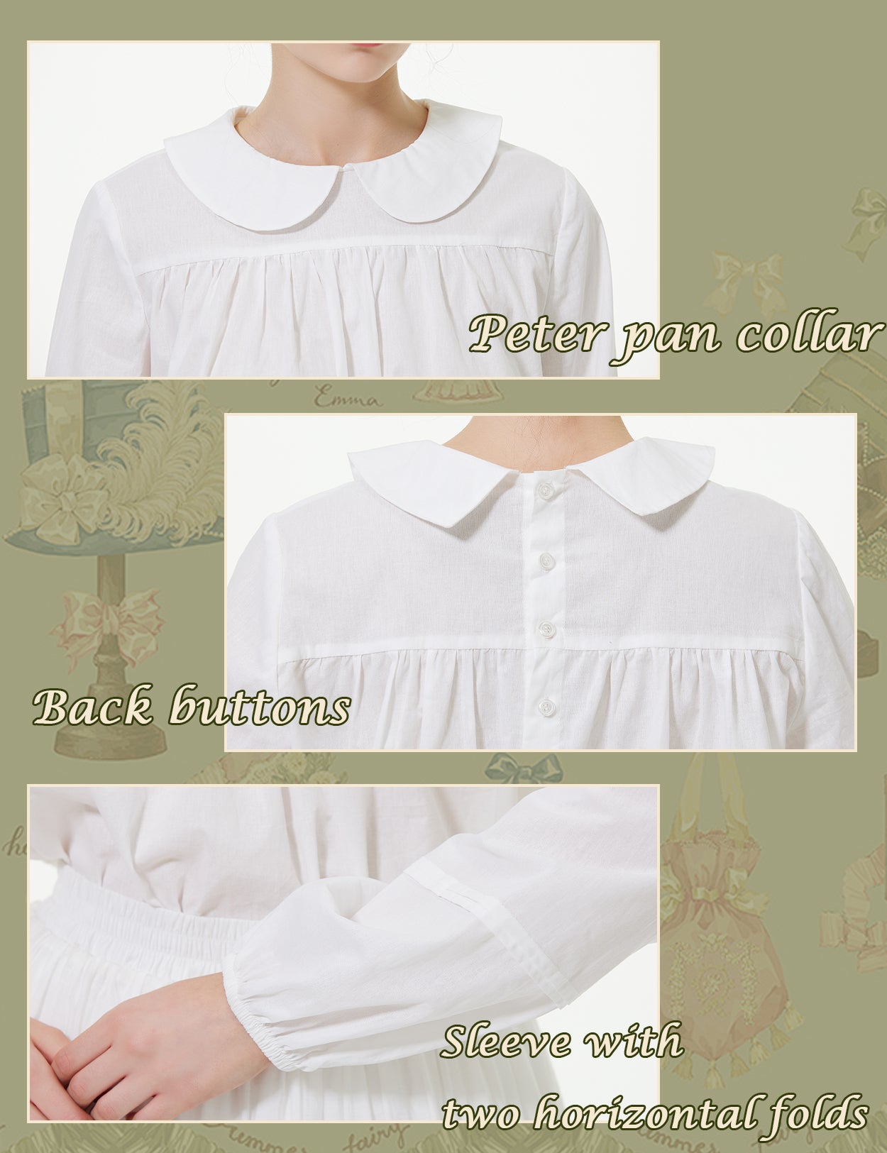 Chemisier en coton d'inspiration édouardienne avec boutons au dos et manches bouffantes spectaculaires