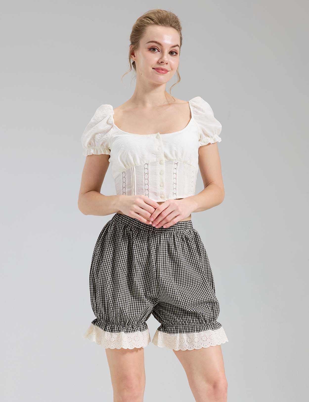 Beautelicate vintage-style gingham cotton bloomers with wide elastic waistband, front view, worn with ivory crop top