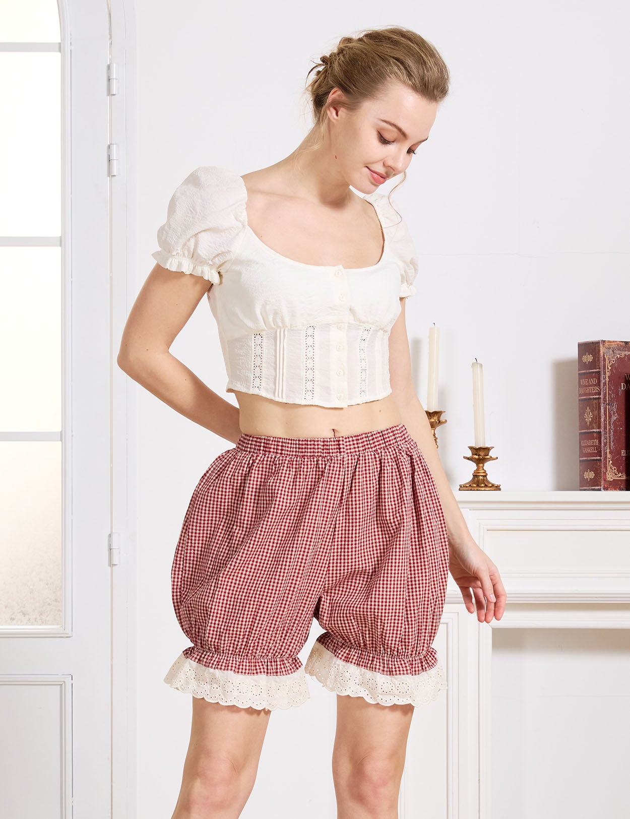 Beautelicate Vintage Red Gingham pumpkin pants, 100% cotton bloomers with cream eyelet lace trim, side view, styled with cropped blouse