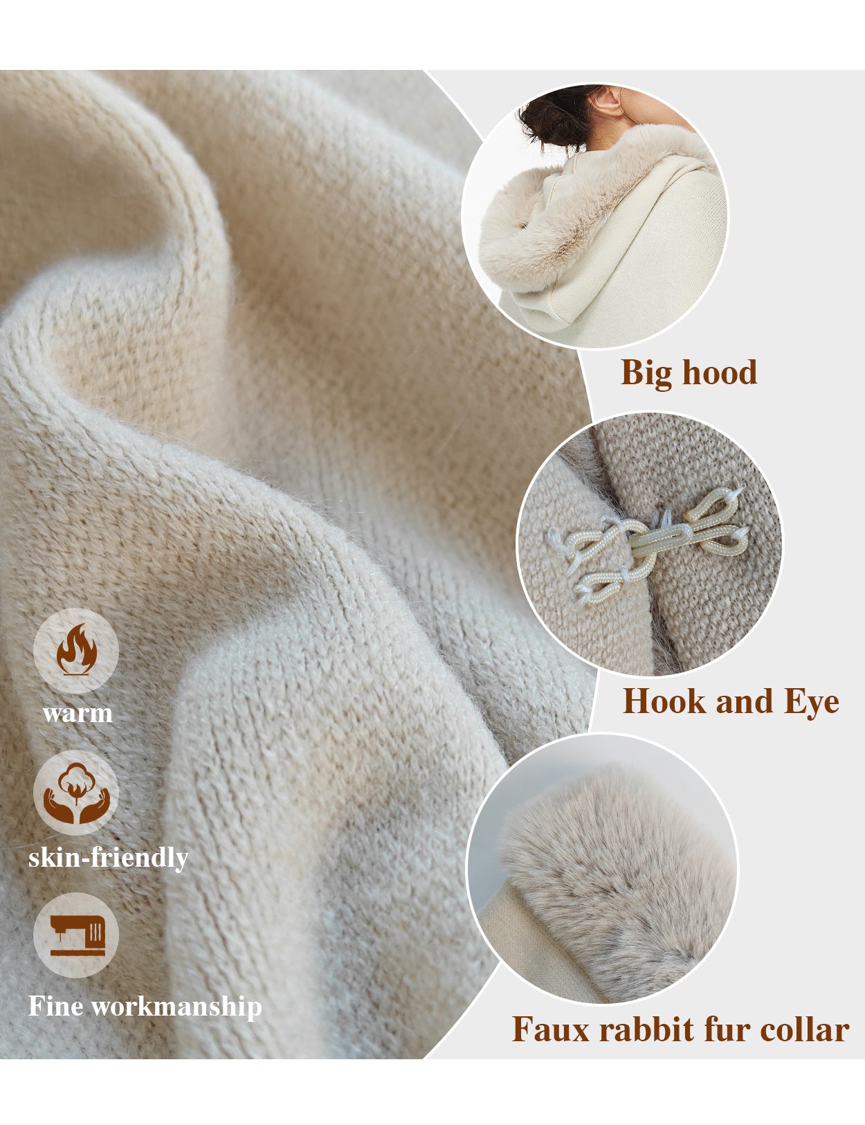 Women's faux fur poncho with hood details