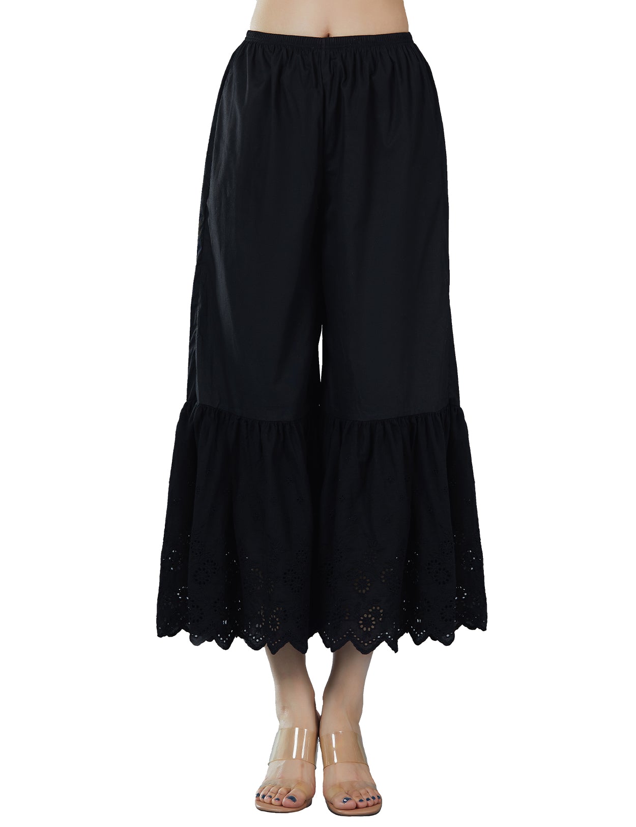Black cotton batiste wide leg underpants with lace trim, front view showing elegant design