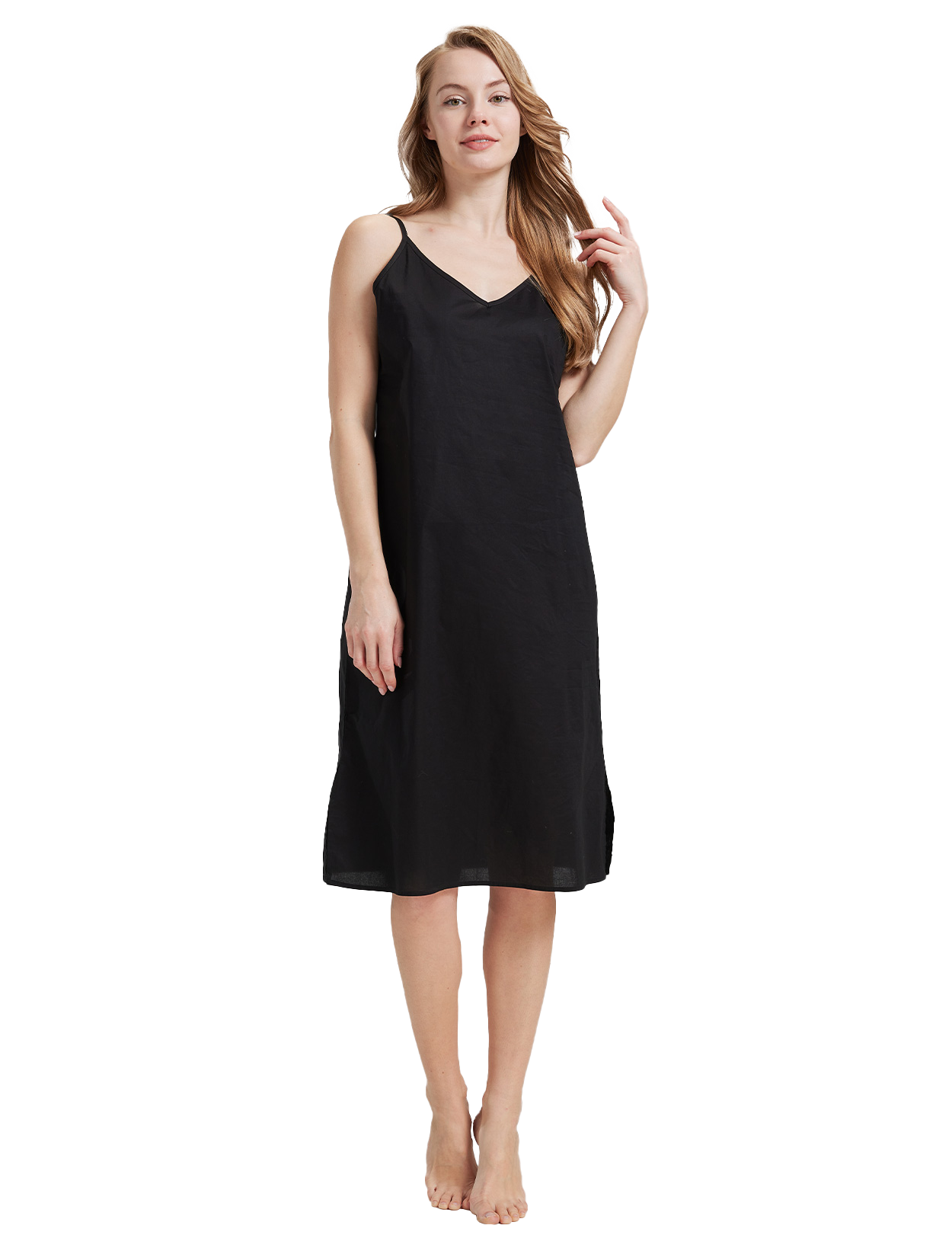 Women's long cotton slip in black - front view showing knee-length design with adjustable straps