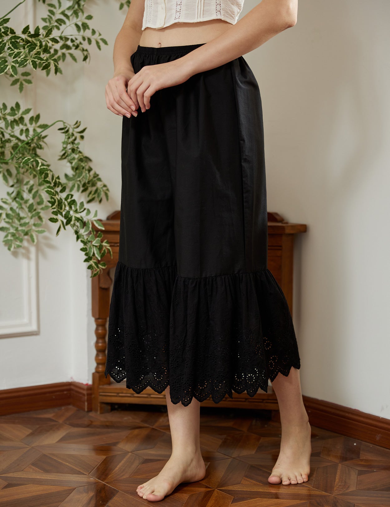 black cotton batiste pettipants displaying wide leg cut and lace detailing