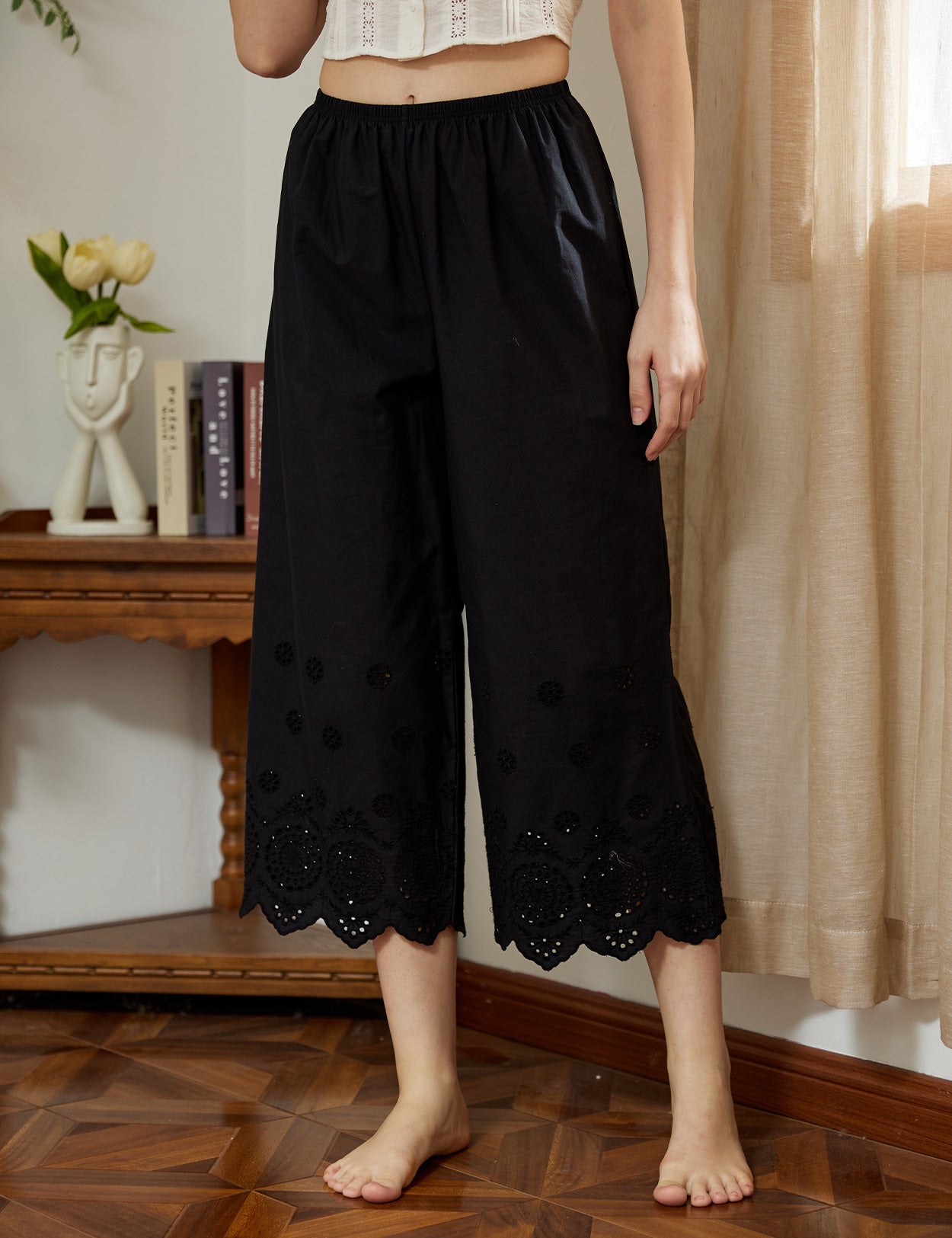 Vintage cotton cropped sleep shorts pettipants with delicate lace edge trim in black color