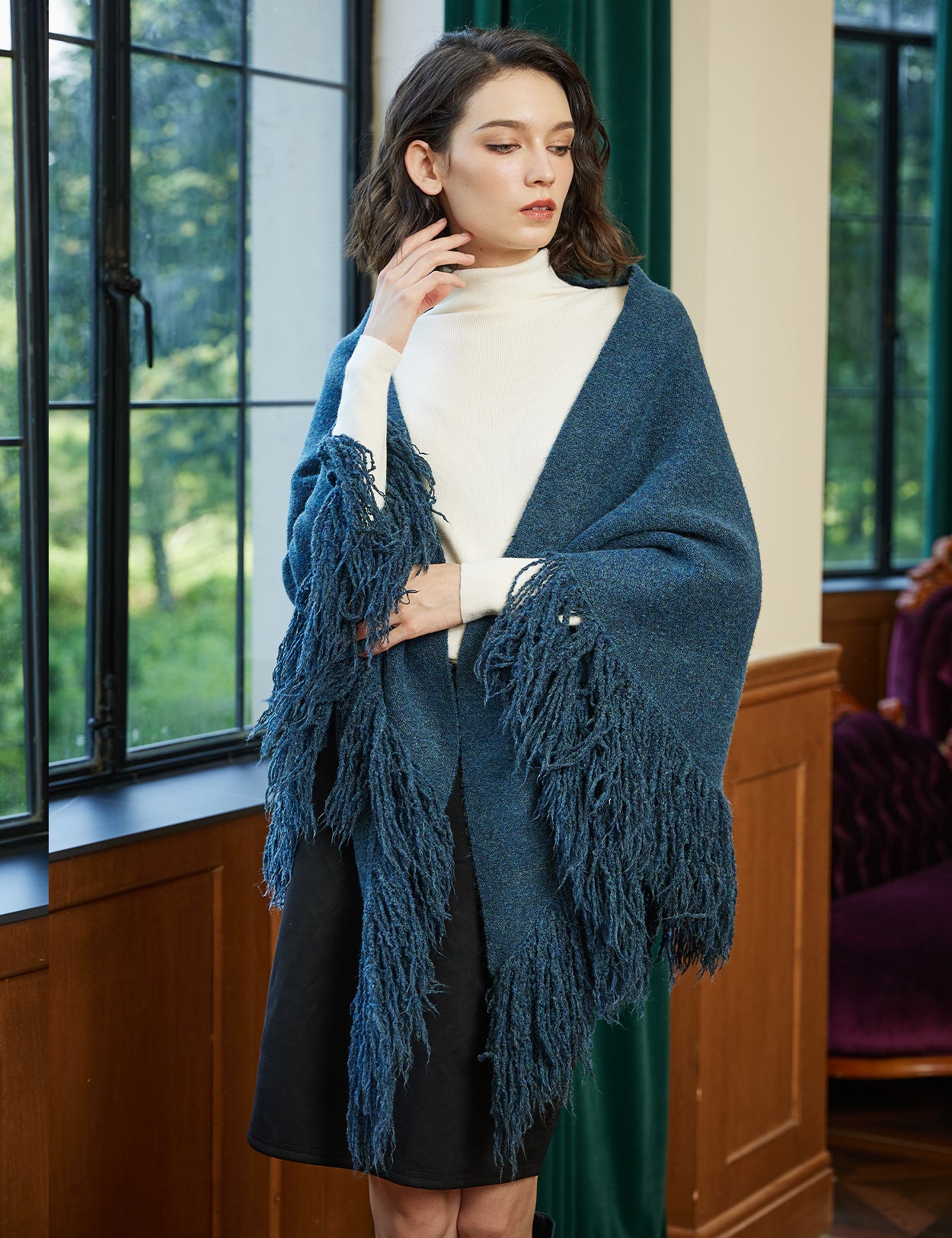 Wool blend knitted shawl with fringe detail - cozy blanket wrap for women
