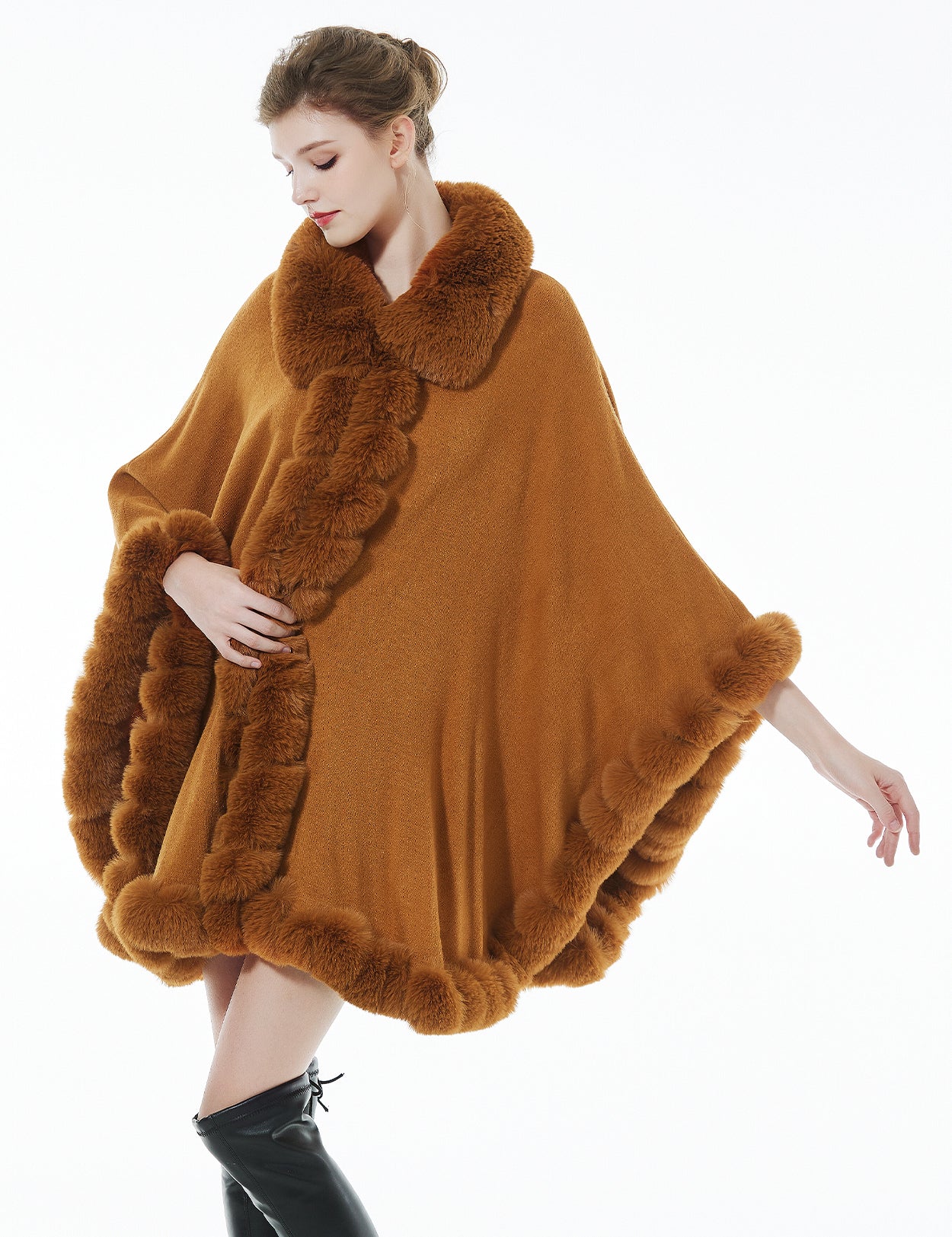 Trendy oversized knit cape coat with hood and faux fur trim