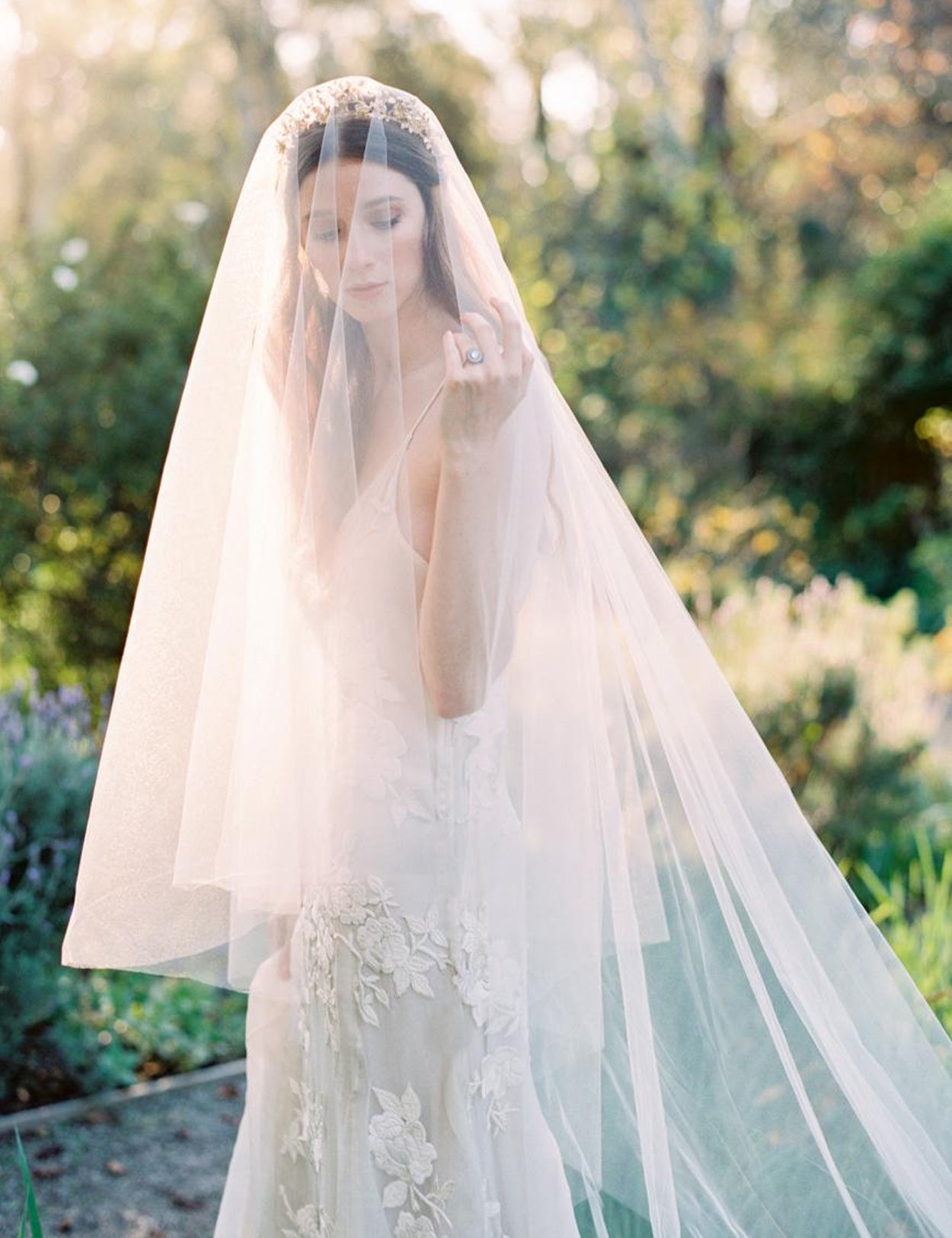 Cathedral length wedding veil with long blusher, elegant simple bridal accessory