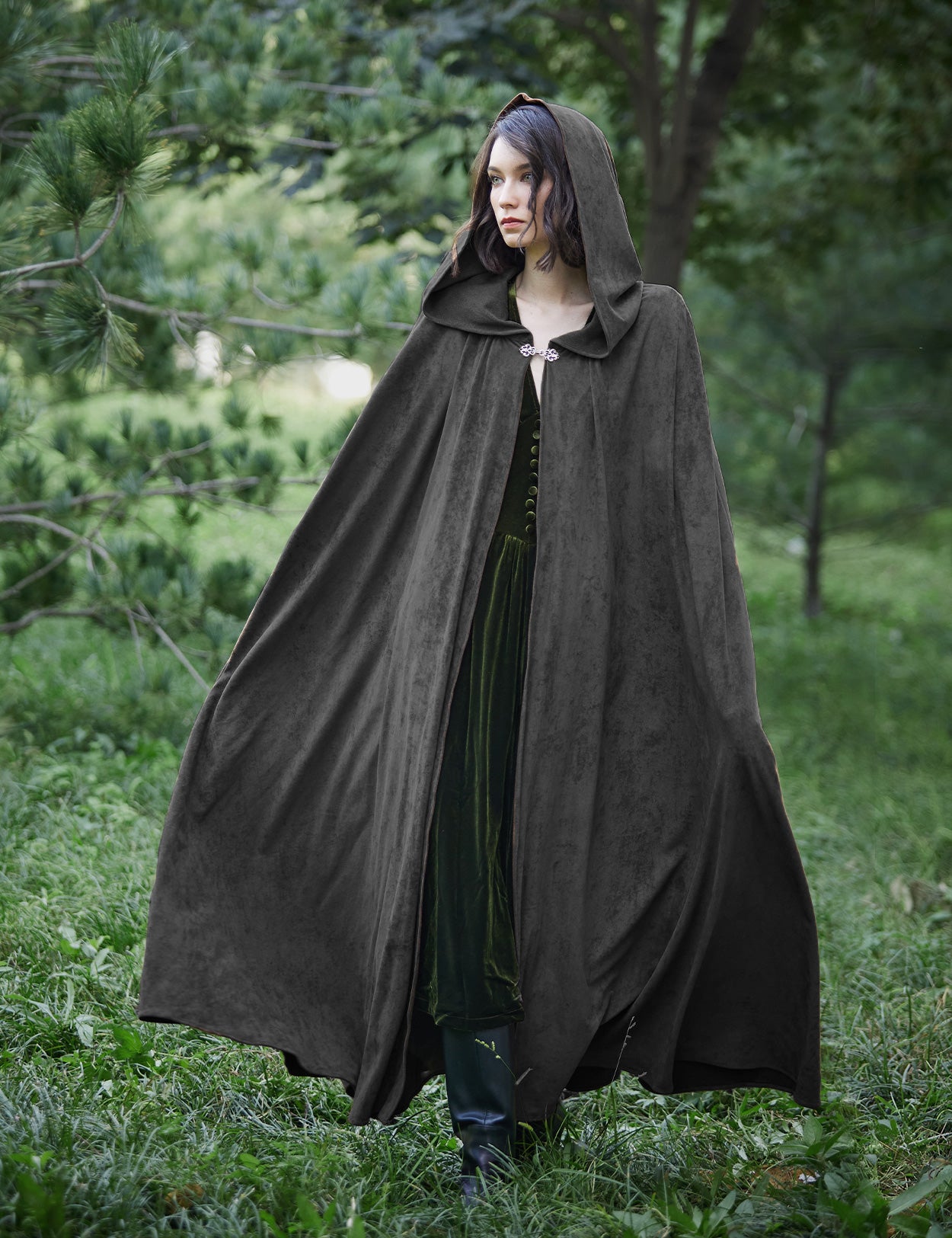 Medieval hooded cloak in dark grey