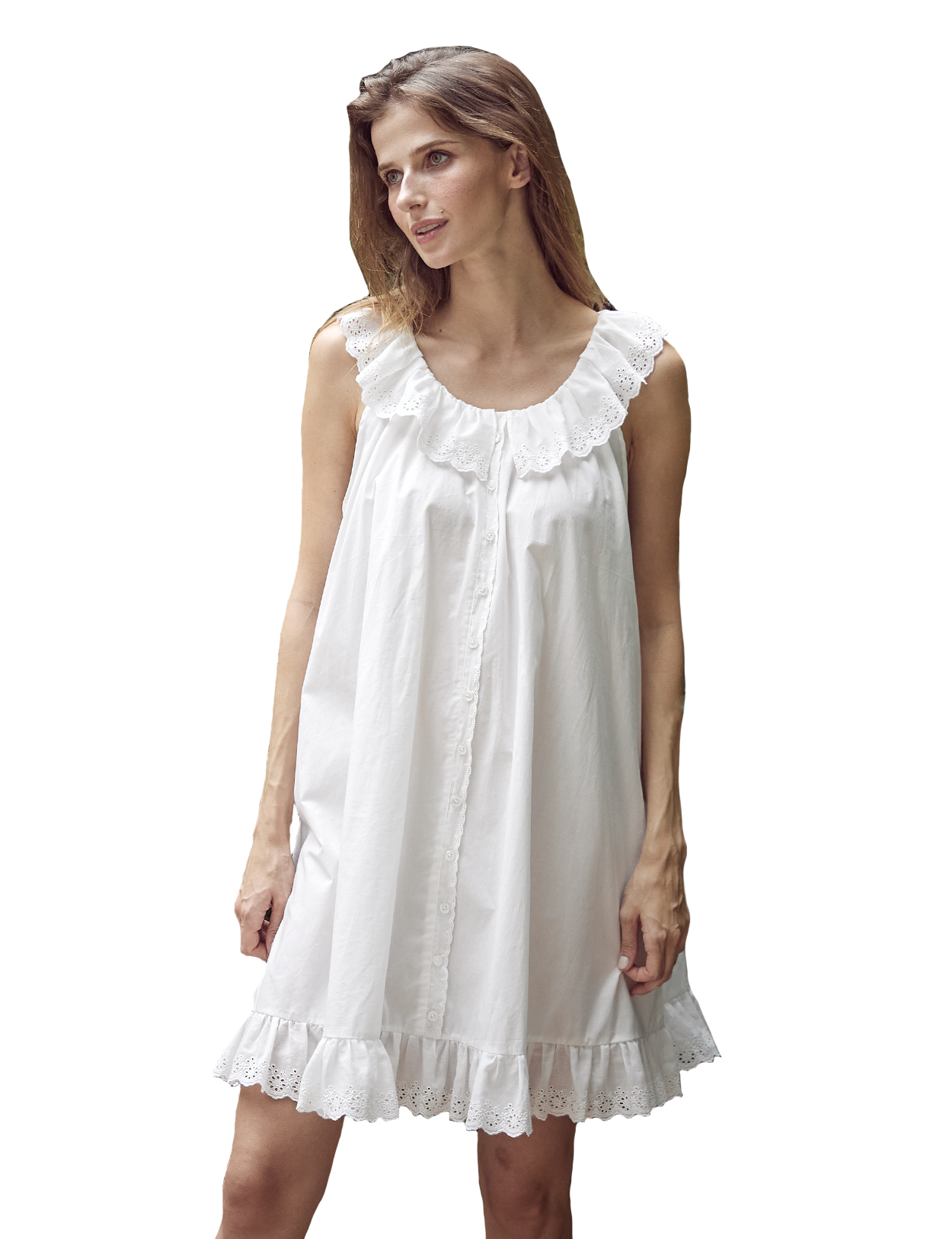 Elegant off-white Victorian style cotton nightgown with delicate ruffles and antique-inspired buttons, displayed on model