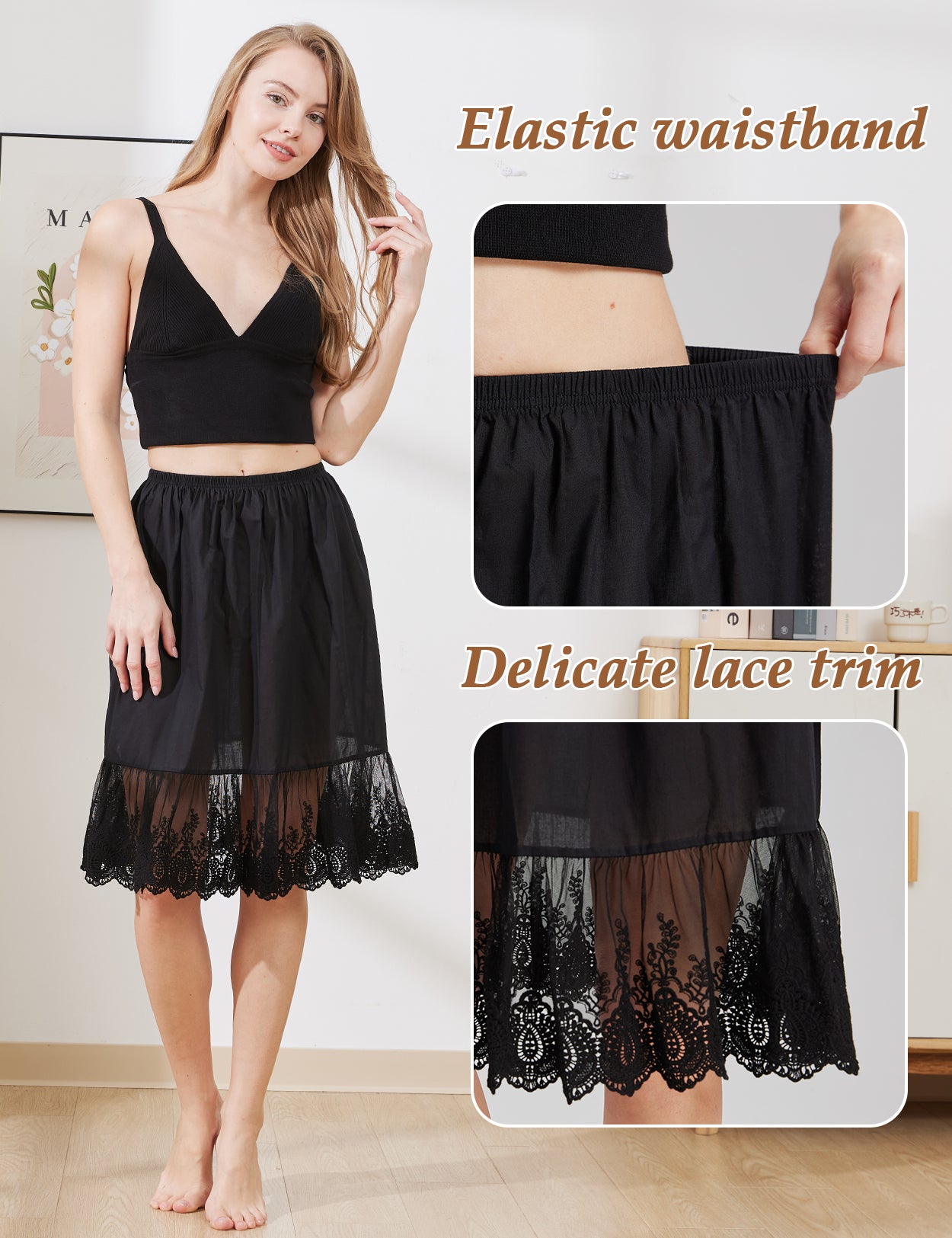 Black lace trim cotton half slip knee length vintage style