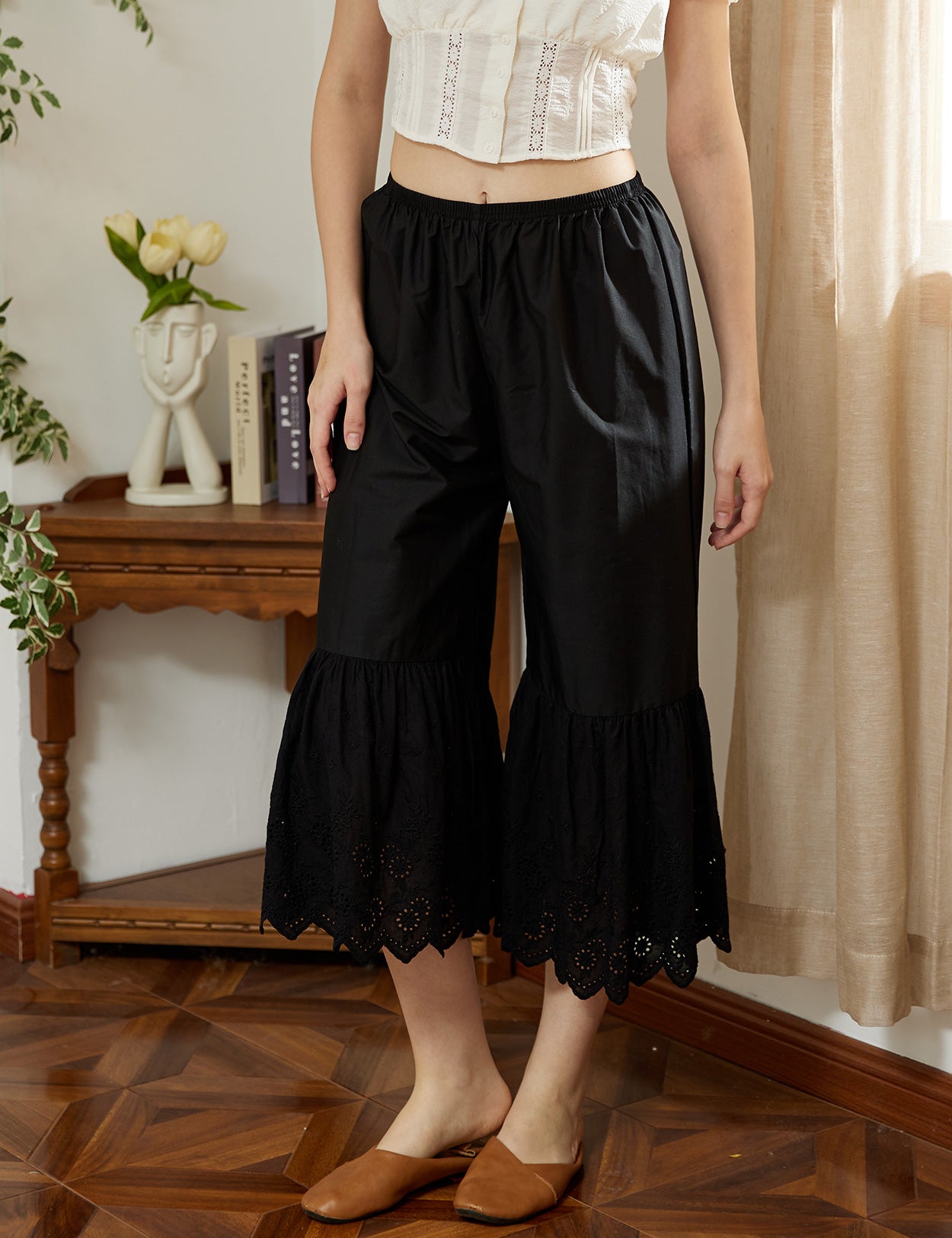 black cotton batiste pettipants showing quality construction and lace trim