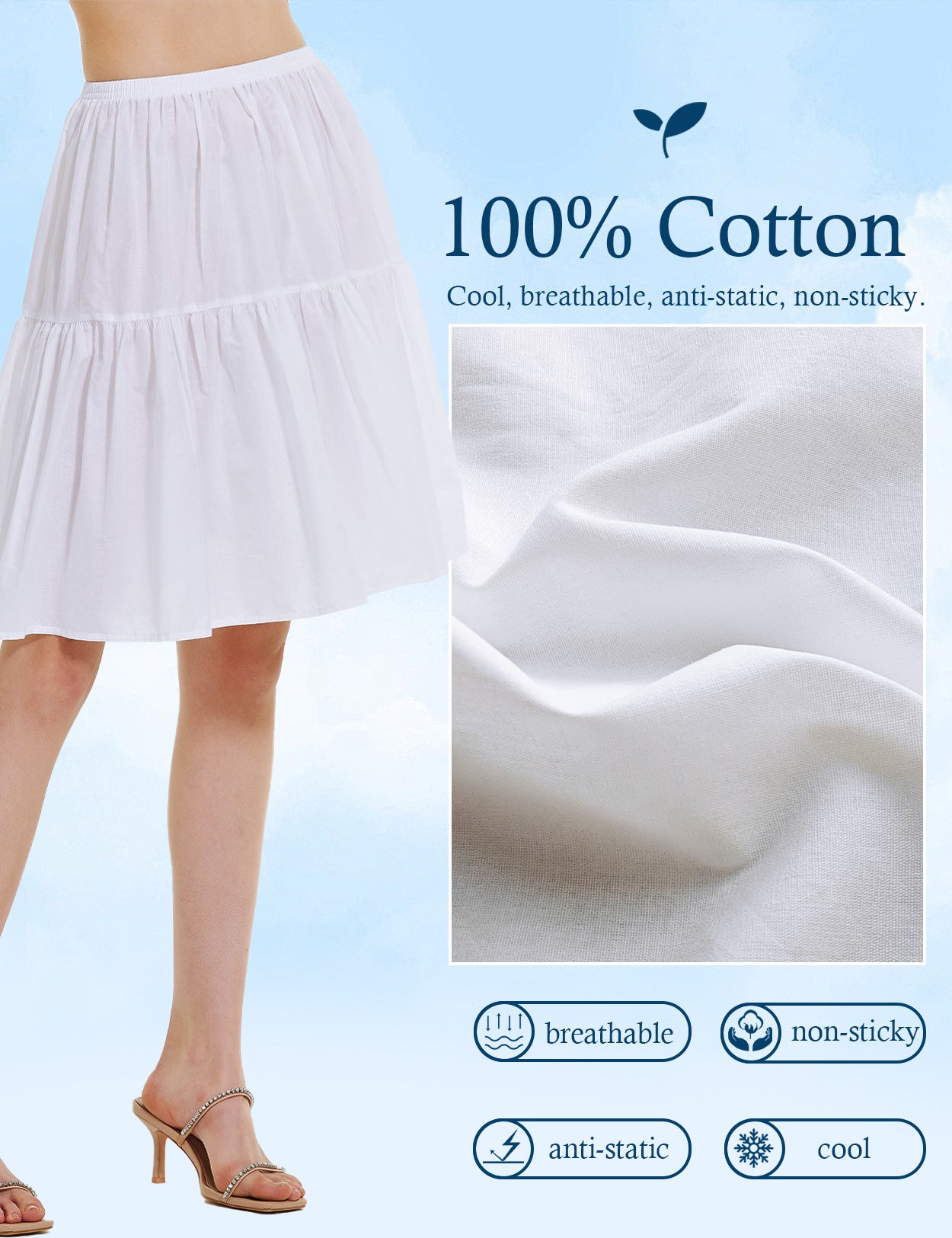 Elegant ivory white vintage cotton half slip tea skirt extender with elastic waistband - detail view