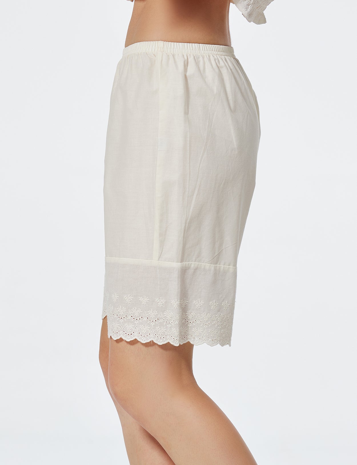 Women's cotton half slip with embroidery hem - side view showing knee-length pettipants underskirt