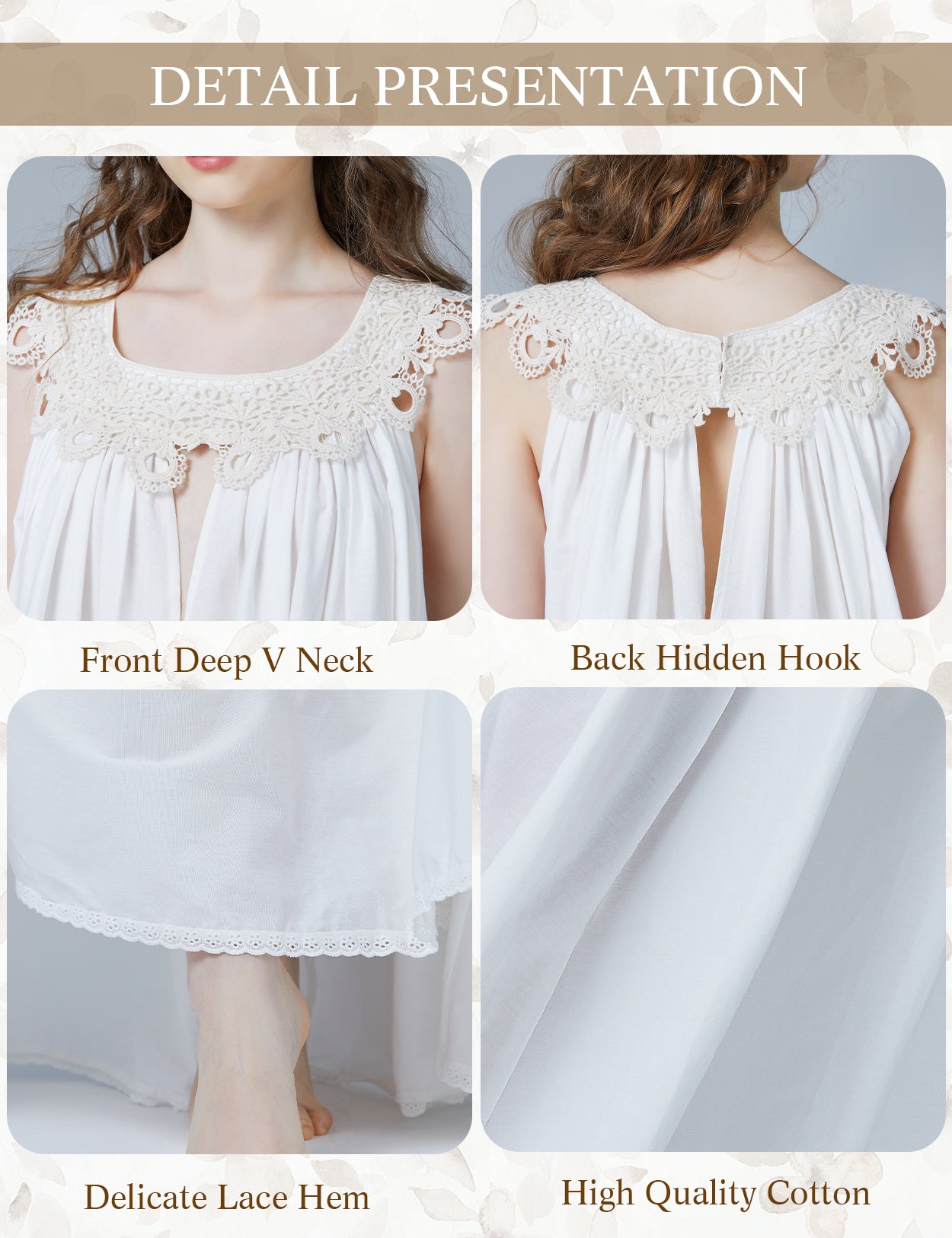 Close-up of lace V-neck detail on Victorian cotton nightgown showing intricate lacework