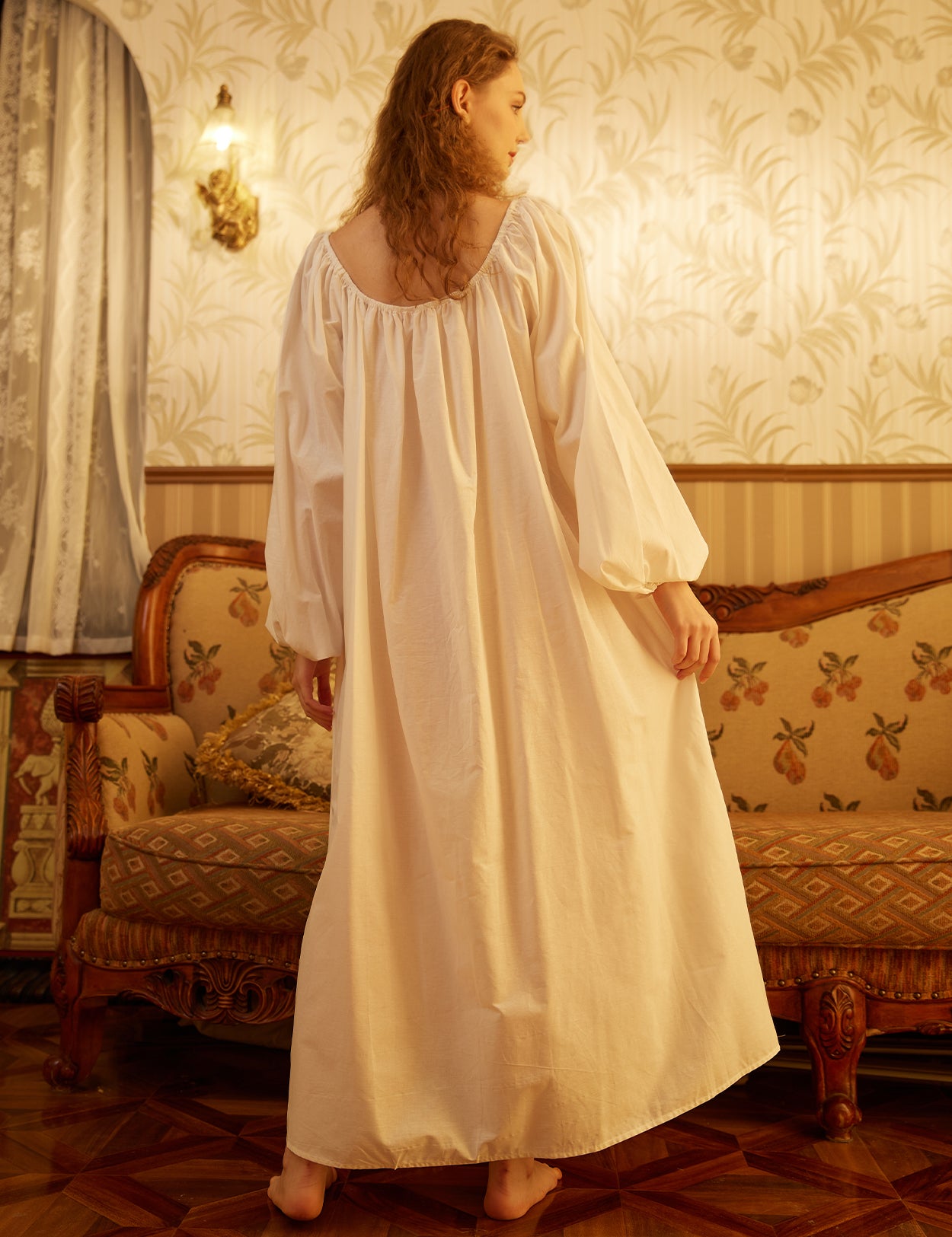 Back view of lightweight cotton Victorian nightgown, showcasing comfortable fit and elegant silhouette
