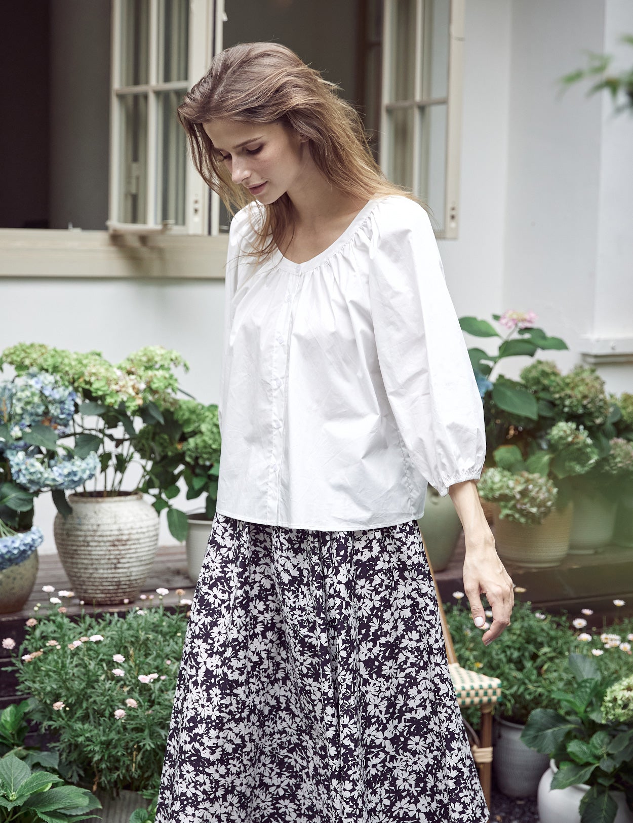 Victorian cotton blouse with 3/4 balloon sleeves in off-white color, showing elegant vintage-inspired design