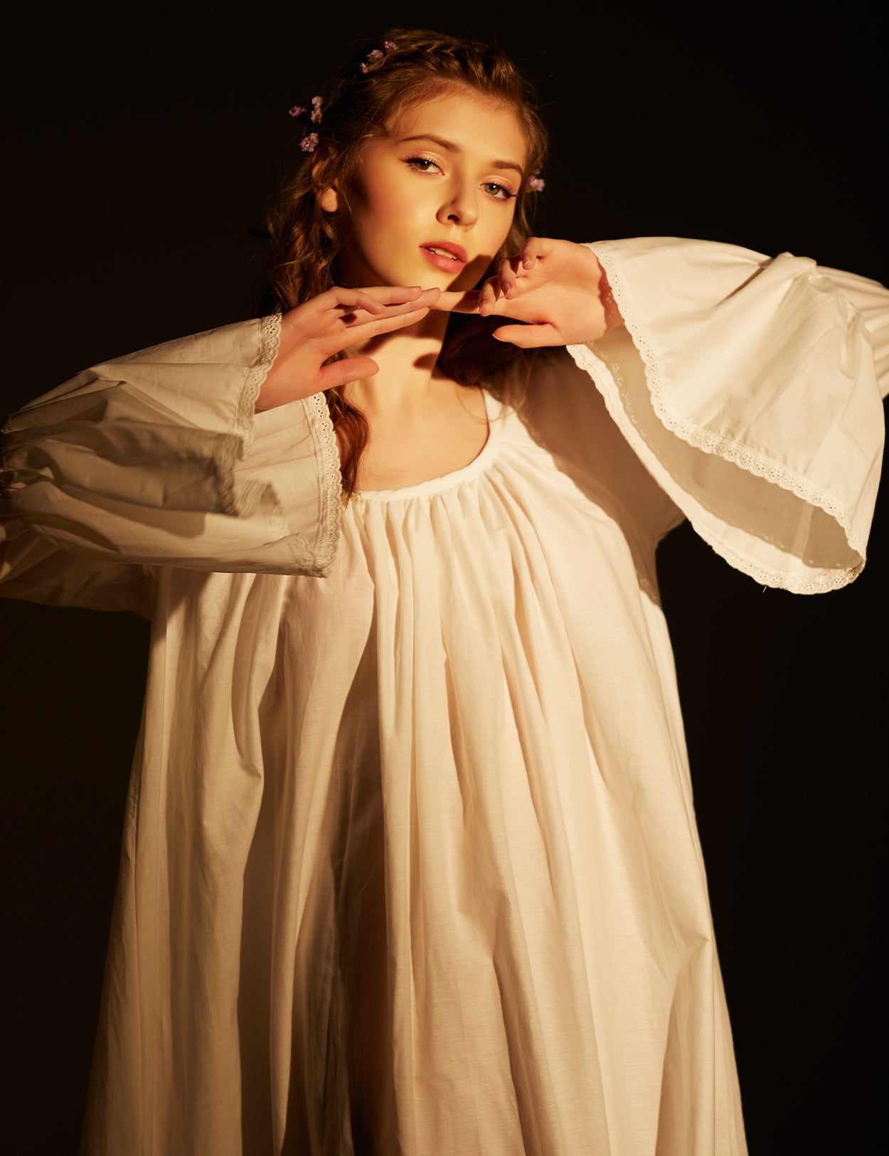 Victorian cotton nightgown for women featuring elegant long bell sleeves with lace trim, made from 100% organic cotton