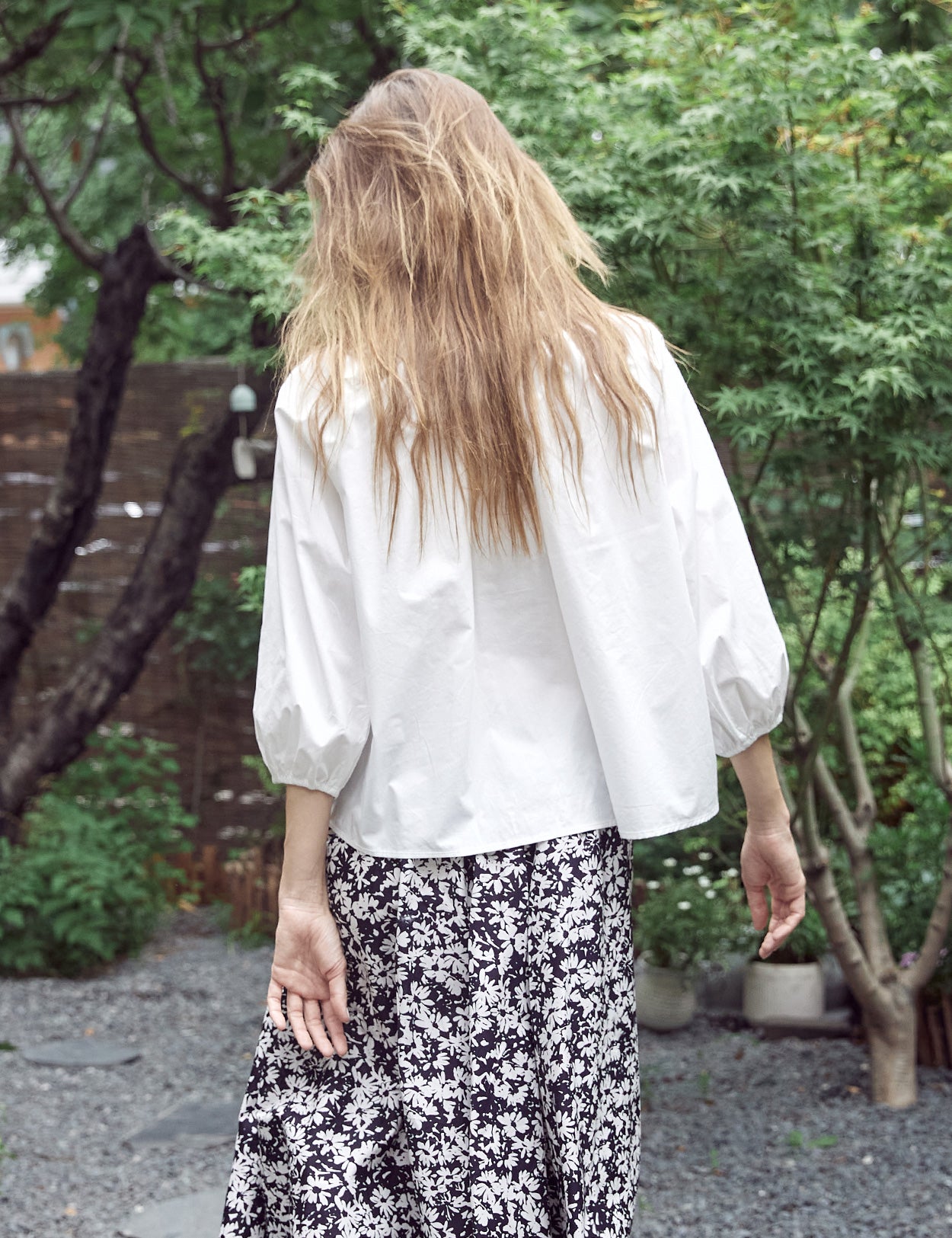 Victorian cotton blouse with 3/4 balloon sleeves in off-white color, showing elegant vintage-inspired design - back view