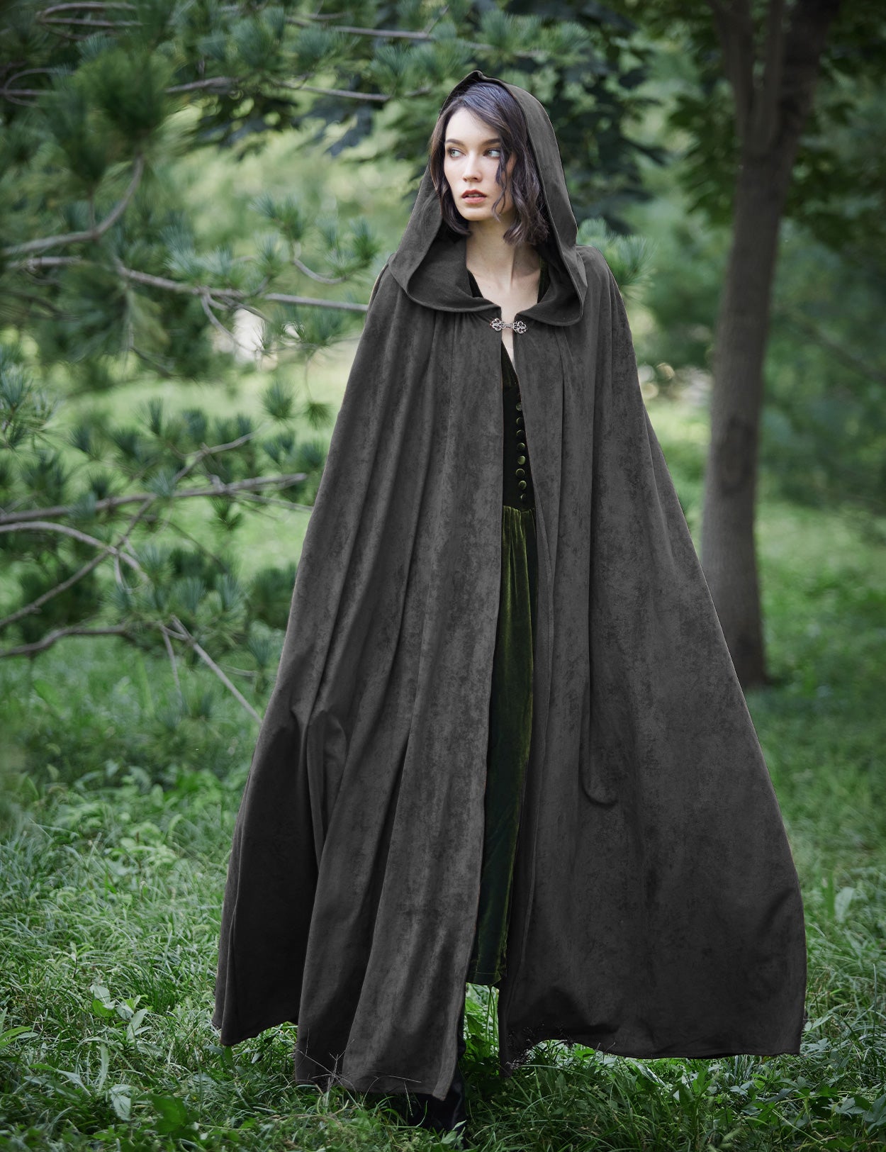 Medieval hooded cloak in dark grey