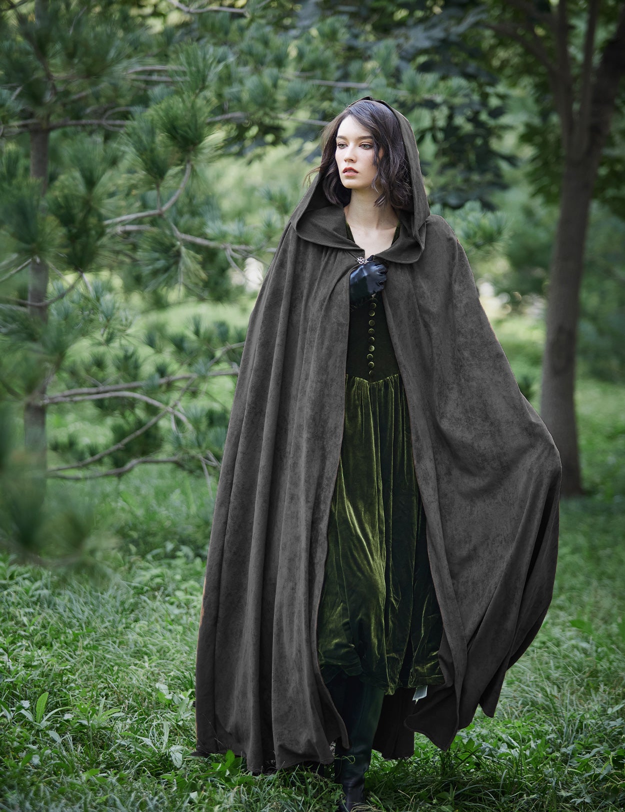 Medieval hooded cloak in dark grey