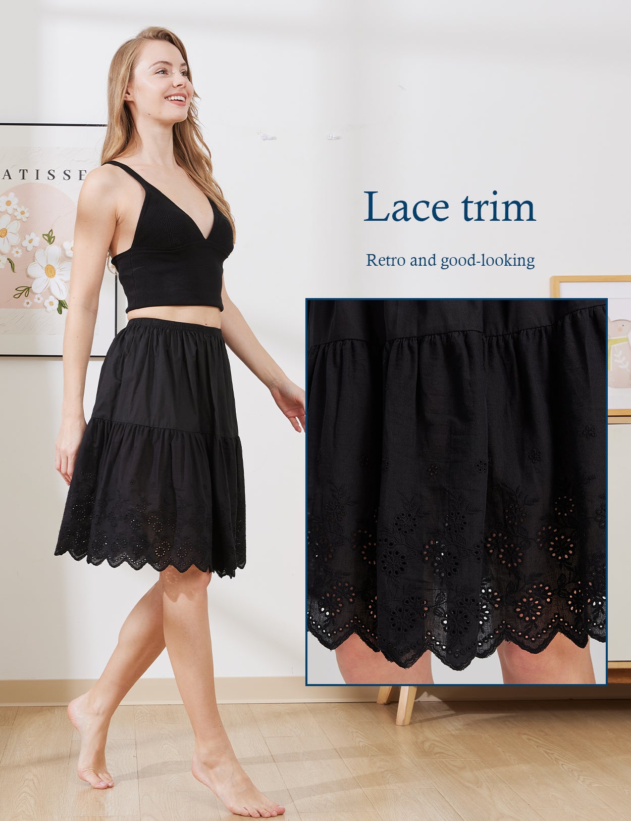Vintage Lace Trim Cotton black Underskirt
