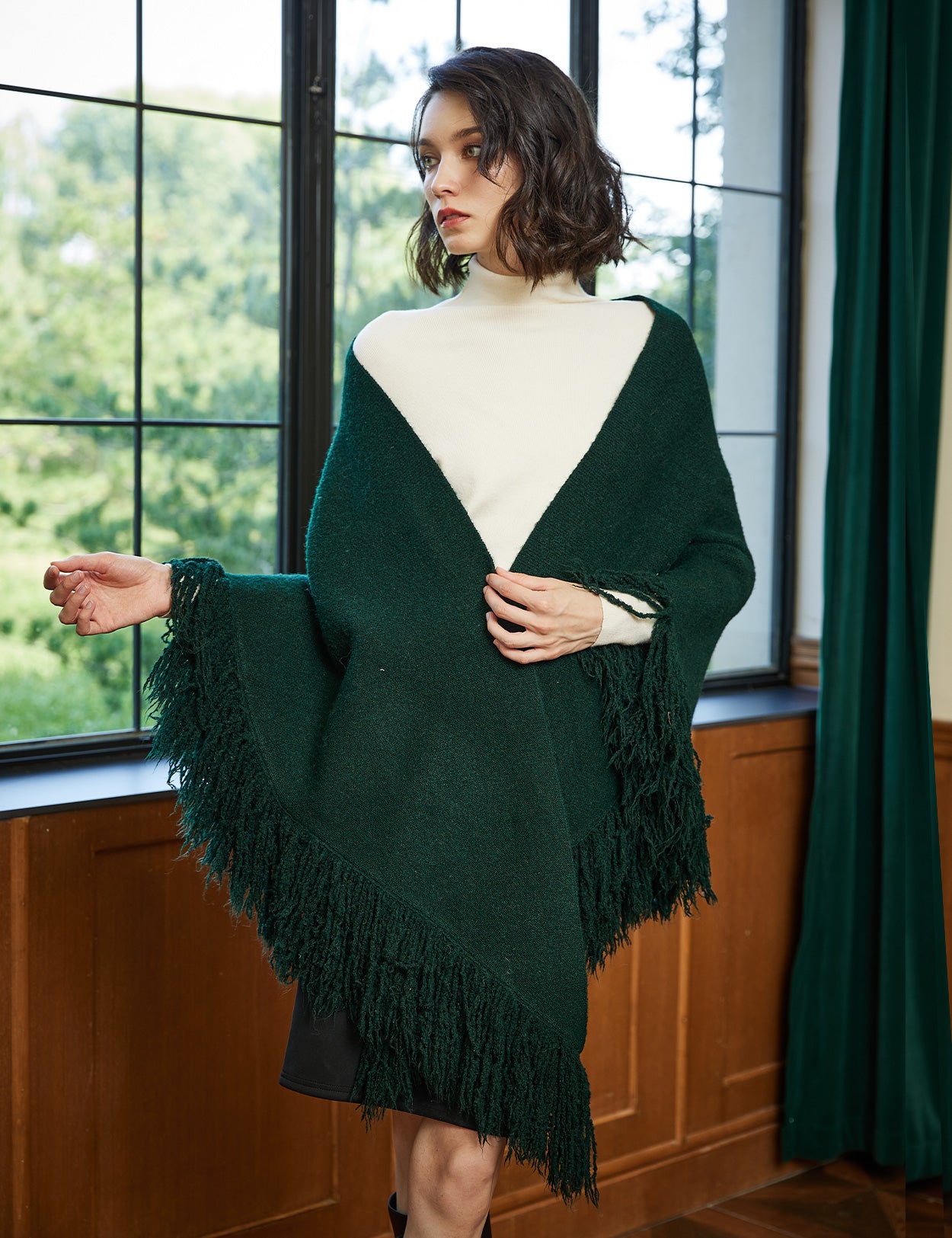 Wool blend knitted shawl with fringe detail - cozy blanket wrap for women