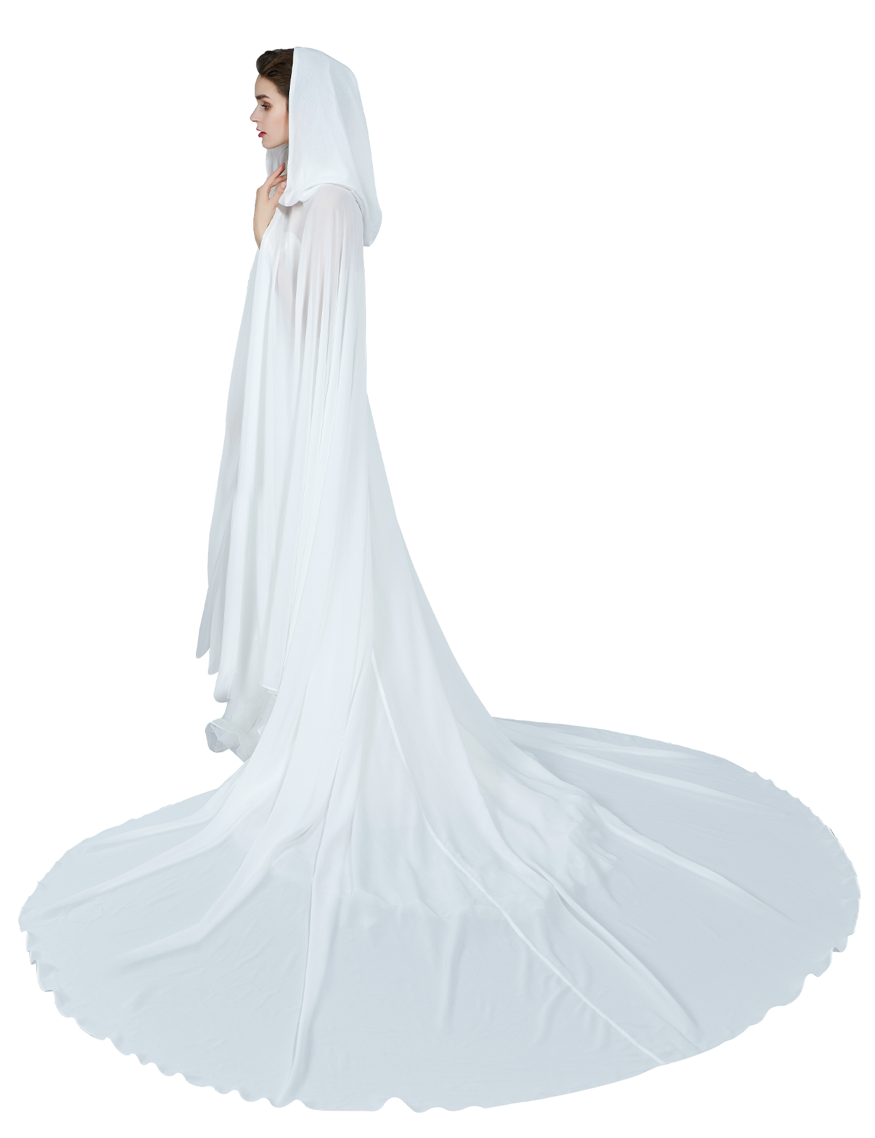 Ätherischer mittelalterlicher Hochzeitsumhang mit Kapuze und Schleppe