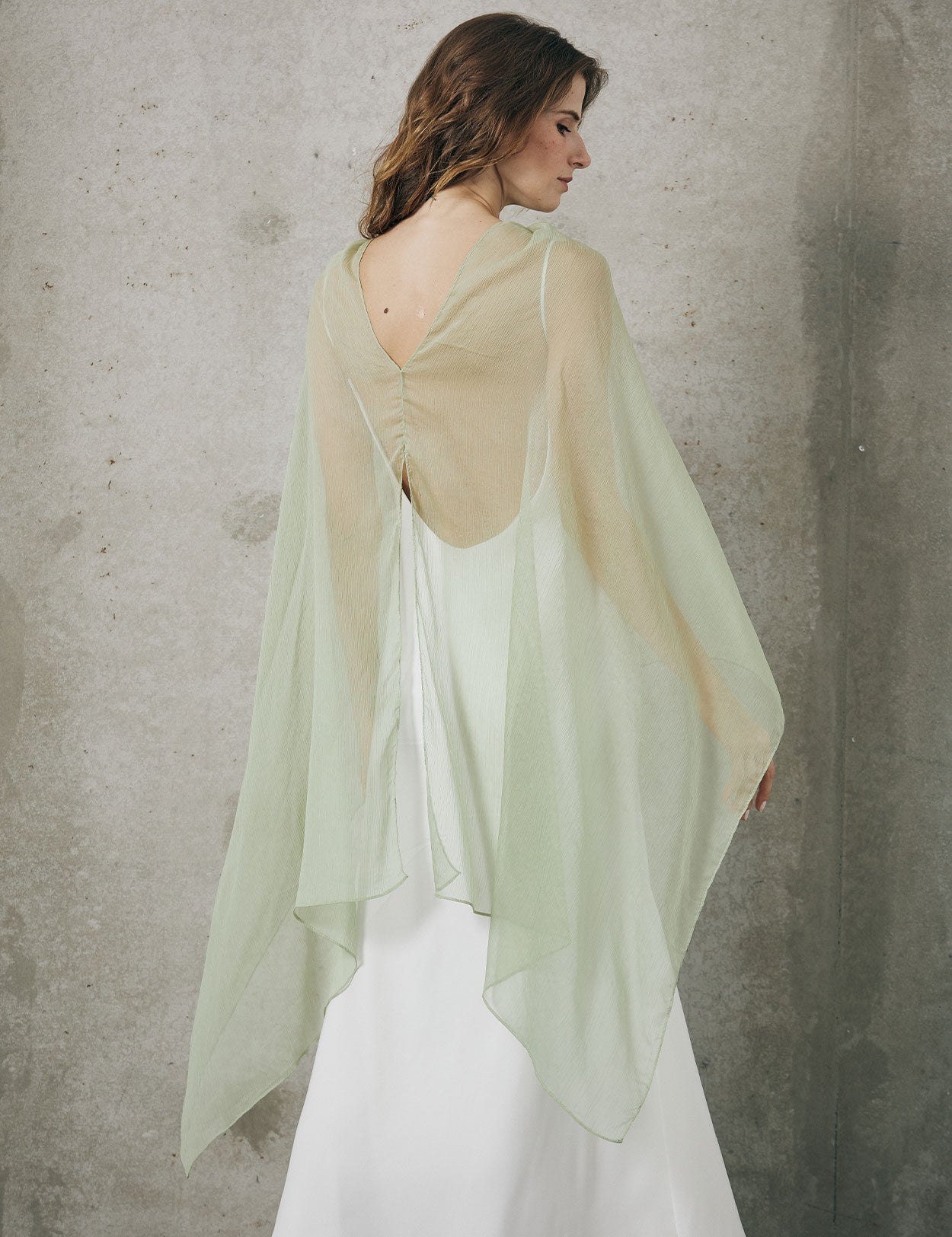 Lightweight sheer bridesmaid shawl in elegant draping style for wedding ceremonies-back view