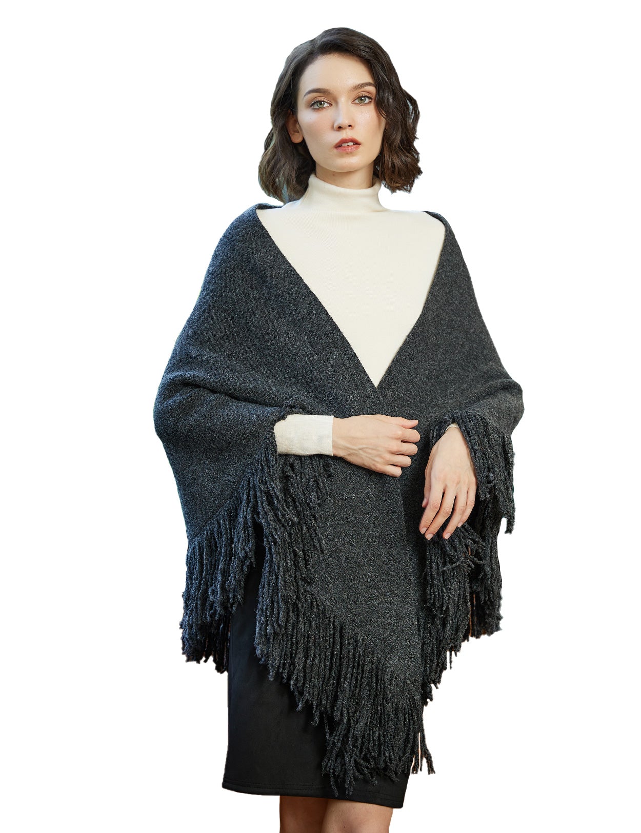 Wool blend knitted shawl with fringe detail - cozy blanket wrap for women