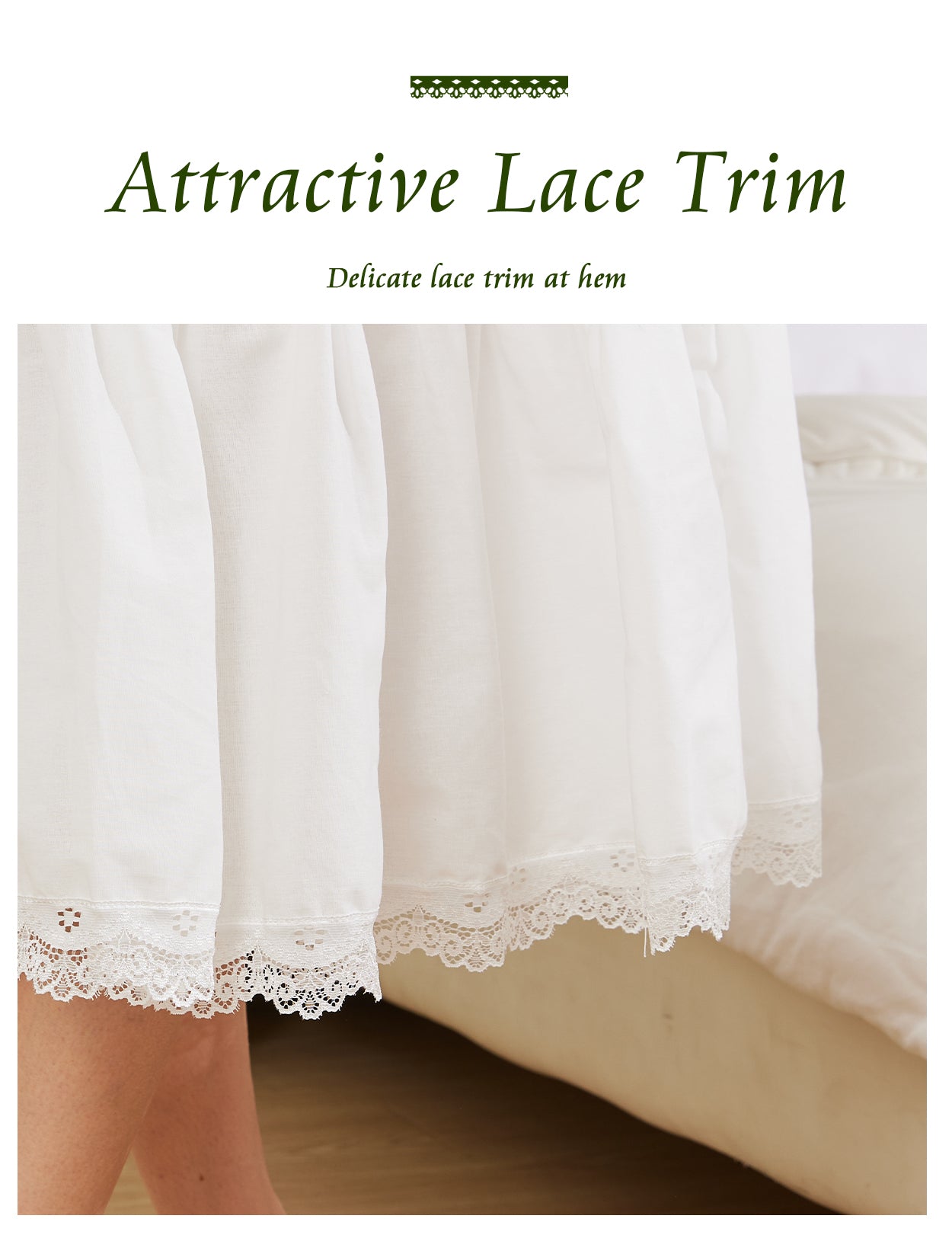 Close-up detail of vintage lace trim on cotton slip extender showing intricate lace pattern and quality craftsmanship