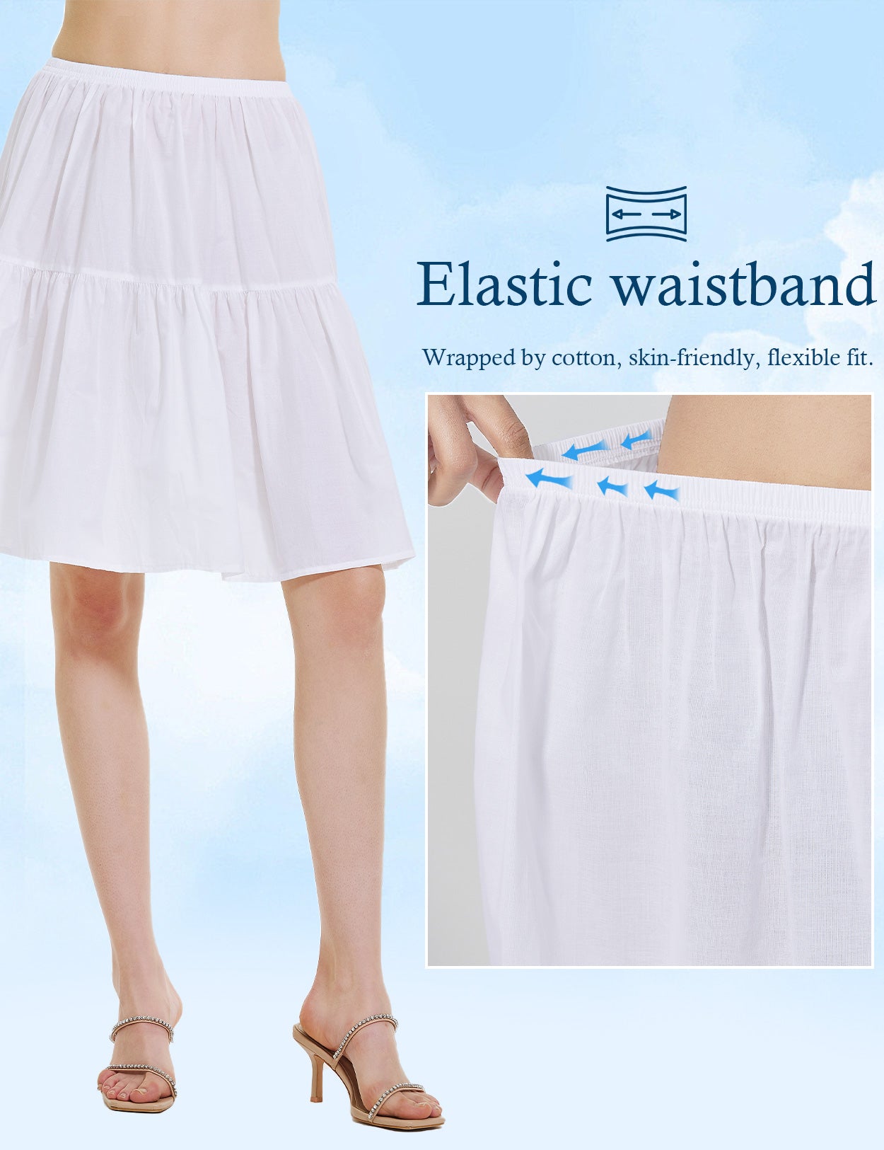 Elegant ivory white vintage cotton half slip tea skirt extender with elastic waistband - detail view