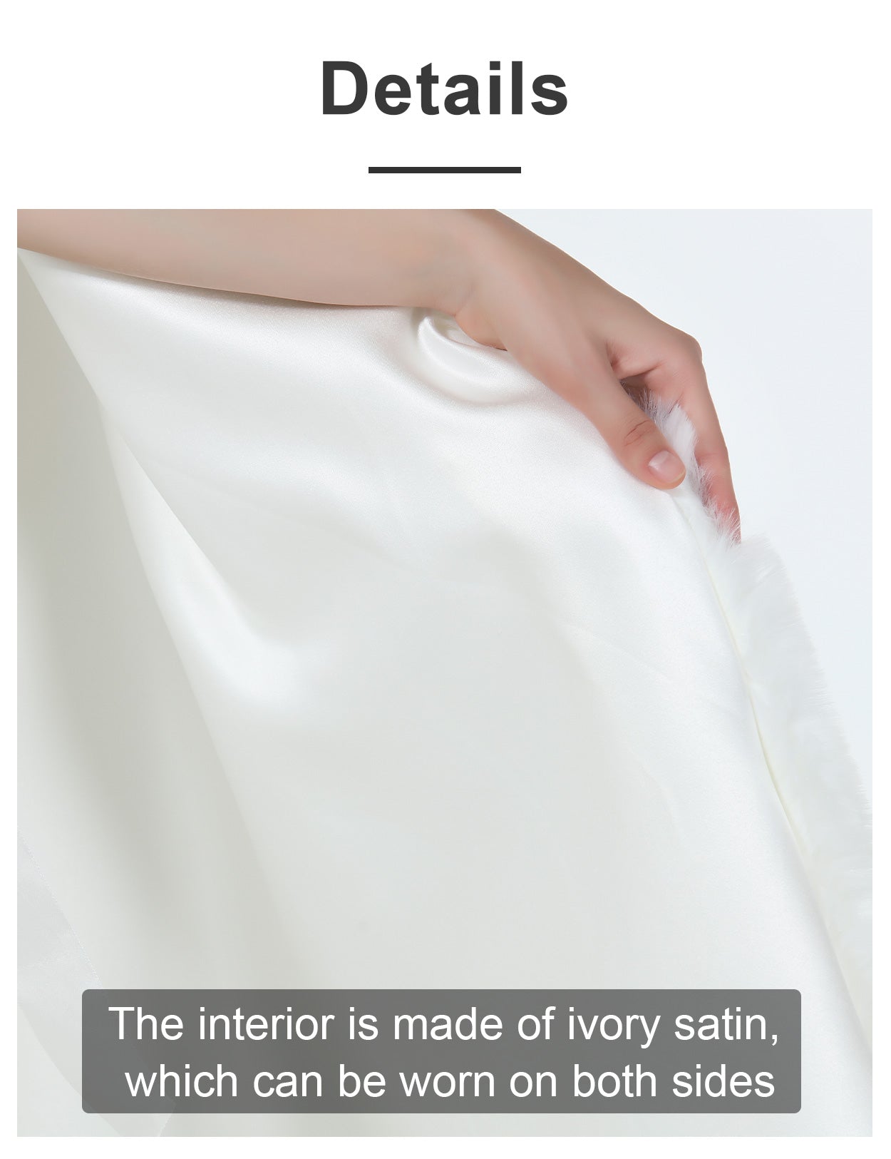 Reversible wedding cape with fur trim and hood detail view