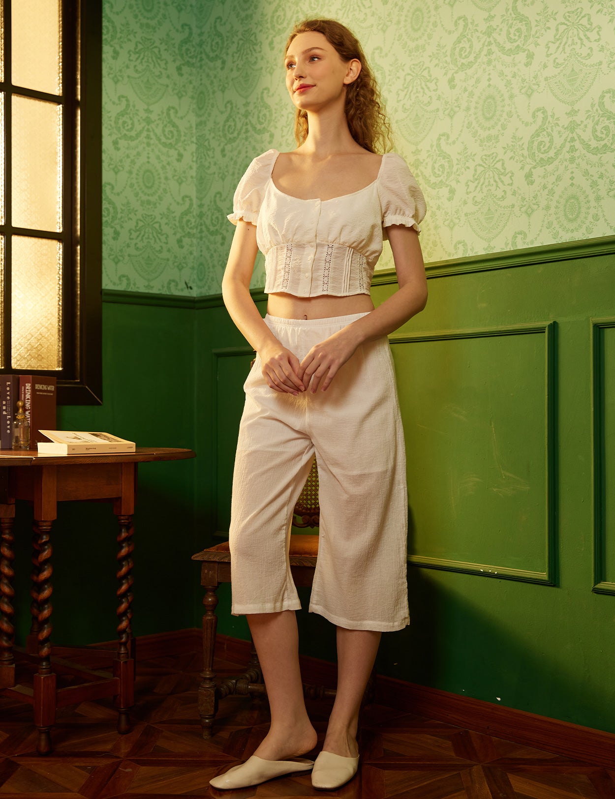 Ivory lined cotton culotte pettipants for women - front view showing calf length and elegant drape