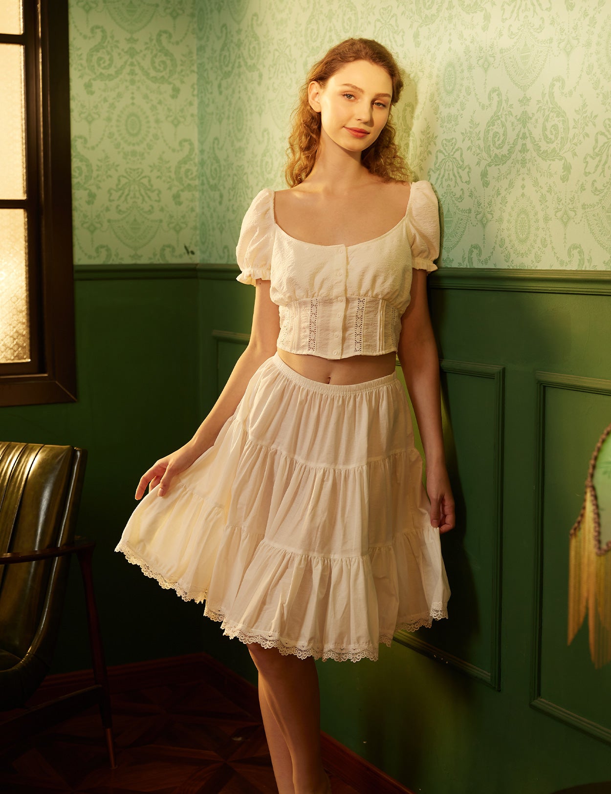 Ivory lace cotton slip extender with delicate vintage-style lace trim, front view showing full length and elegant design