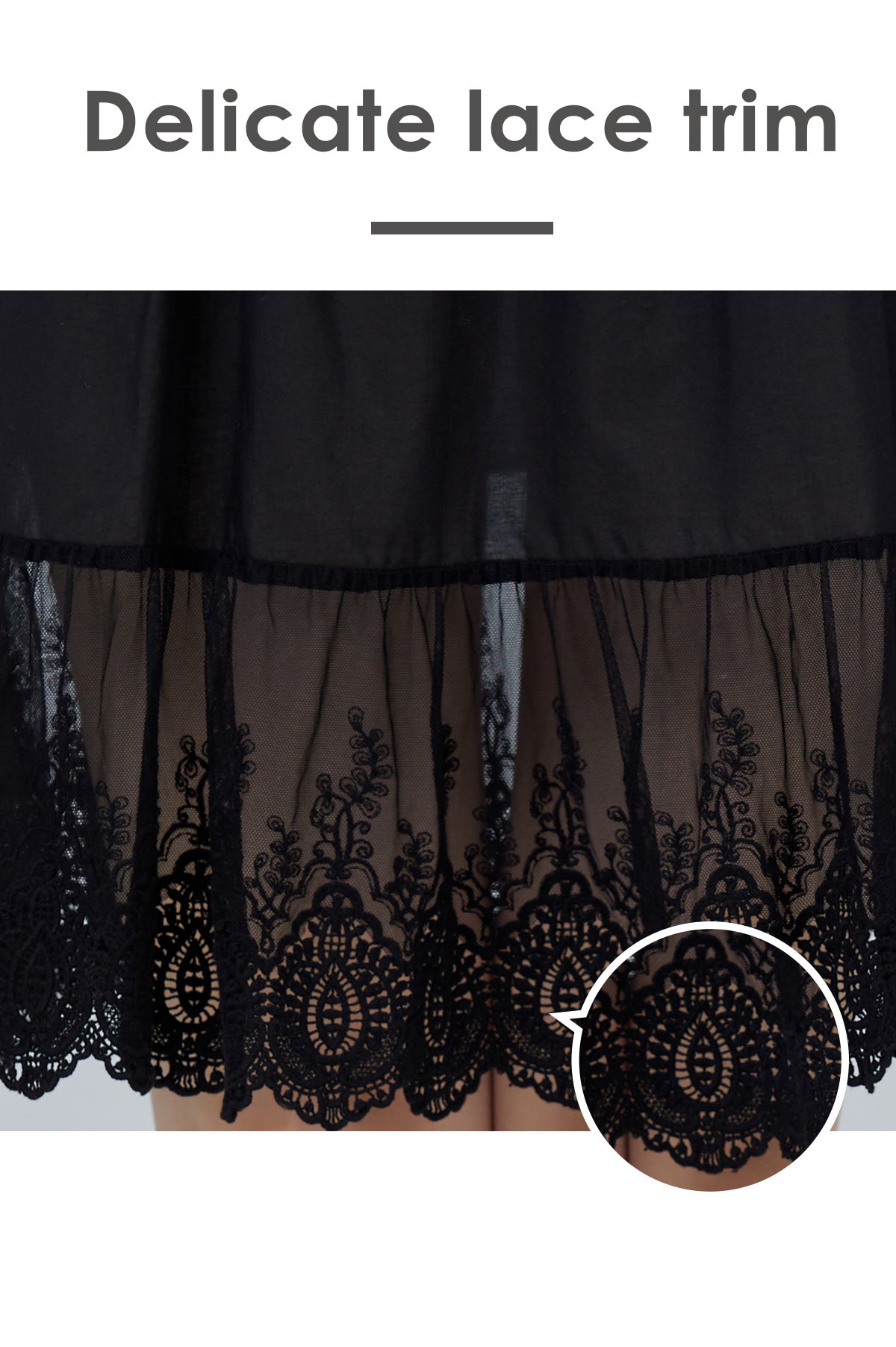 Black lace trim cotton half slip knee length vintage style - lace detail