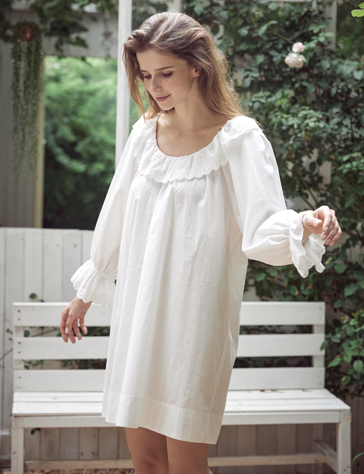 Off-white Victorian mini cotton nightdress with embroidered ruffles and bell sleeves, A-line fit, thigh-length