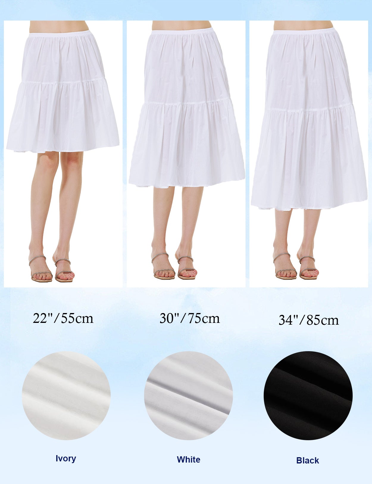 Elegant ivory white vintage cotton half slip tea skirt extender with elastic waistband - length and color comparison