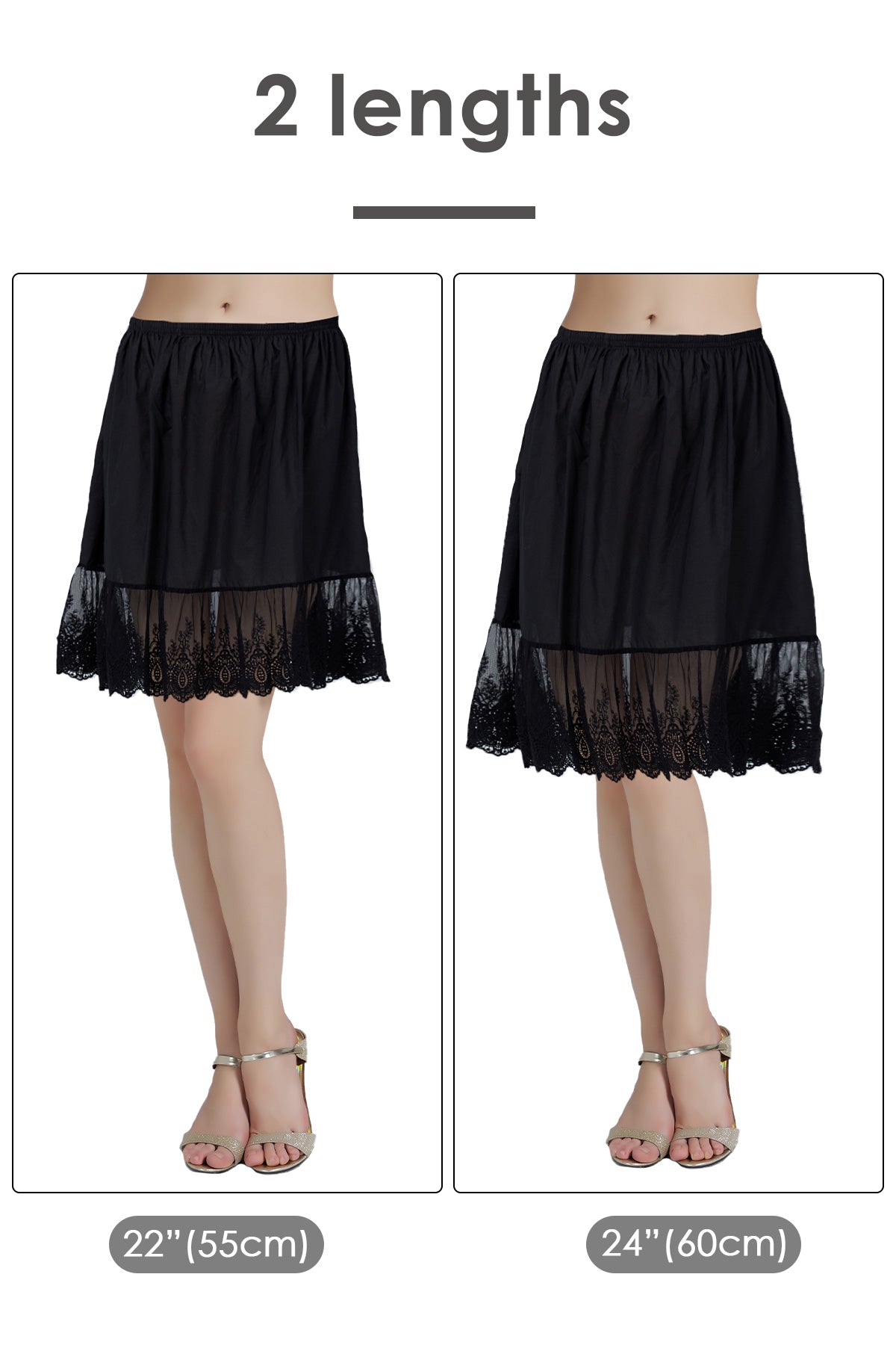 Black lace trim cotton half slip knee length vintage style - length comparison